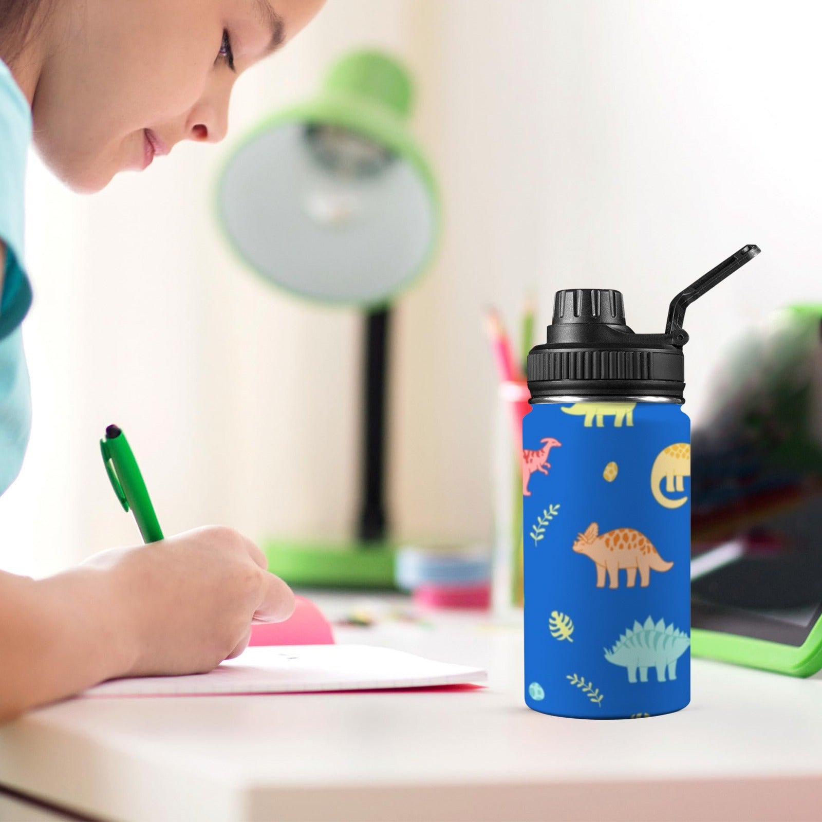 Dinosaur Pattern Blue - Kids Water Bottle with Chug Lid (12 oz) Kids Water Bottle with Chug Lid animal