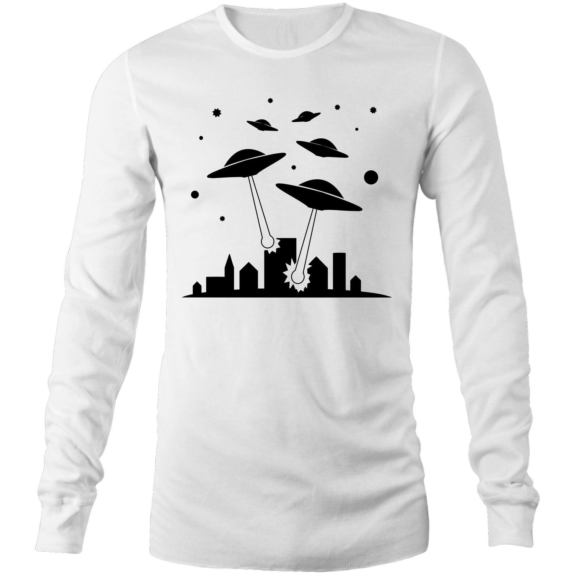 Space Invasion - Long Sleeve T-Shirt White Unisex Long Sleeve T-shirt Mens Retro Sci Fi Space Womens
