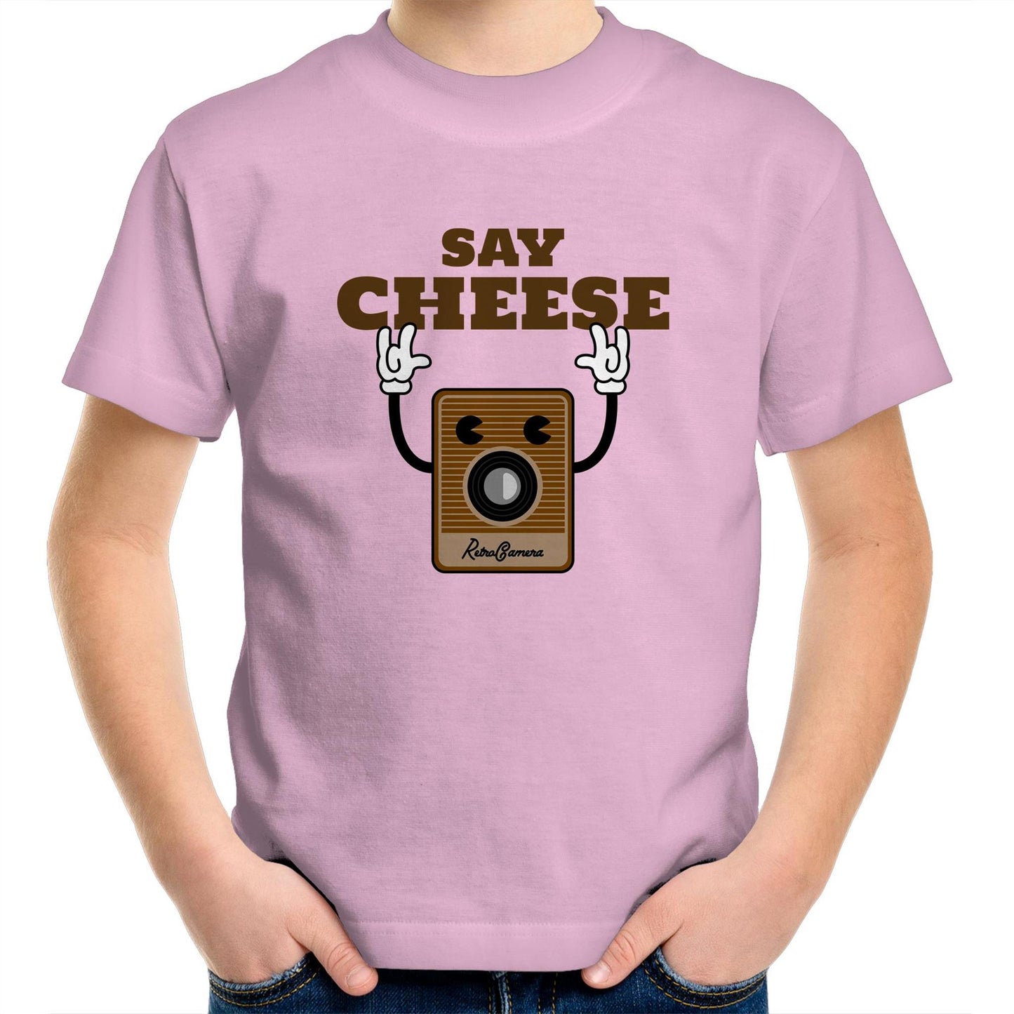 Say Cheese, Retro Camera - Kids Youth Crew T-Shirt Pink Kids Youth T-shirt Retro Tech
