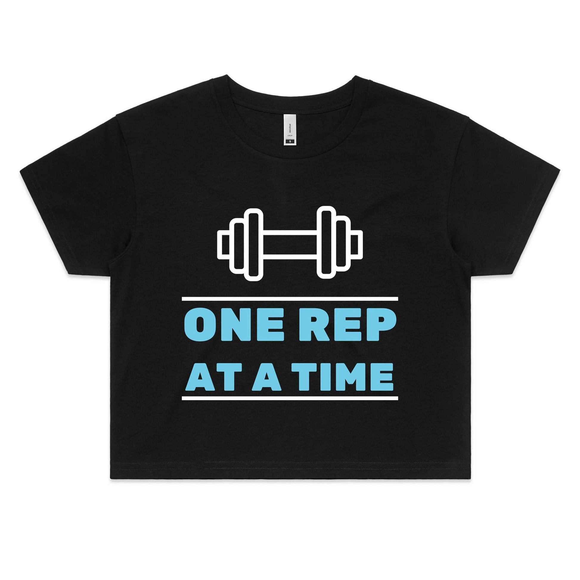One Rep At A Time - Womens Crop Tee Black Fitness Crop Fitness Womens