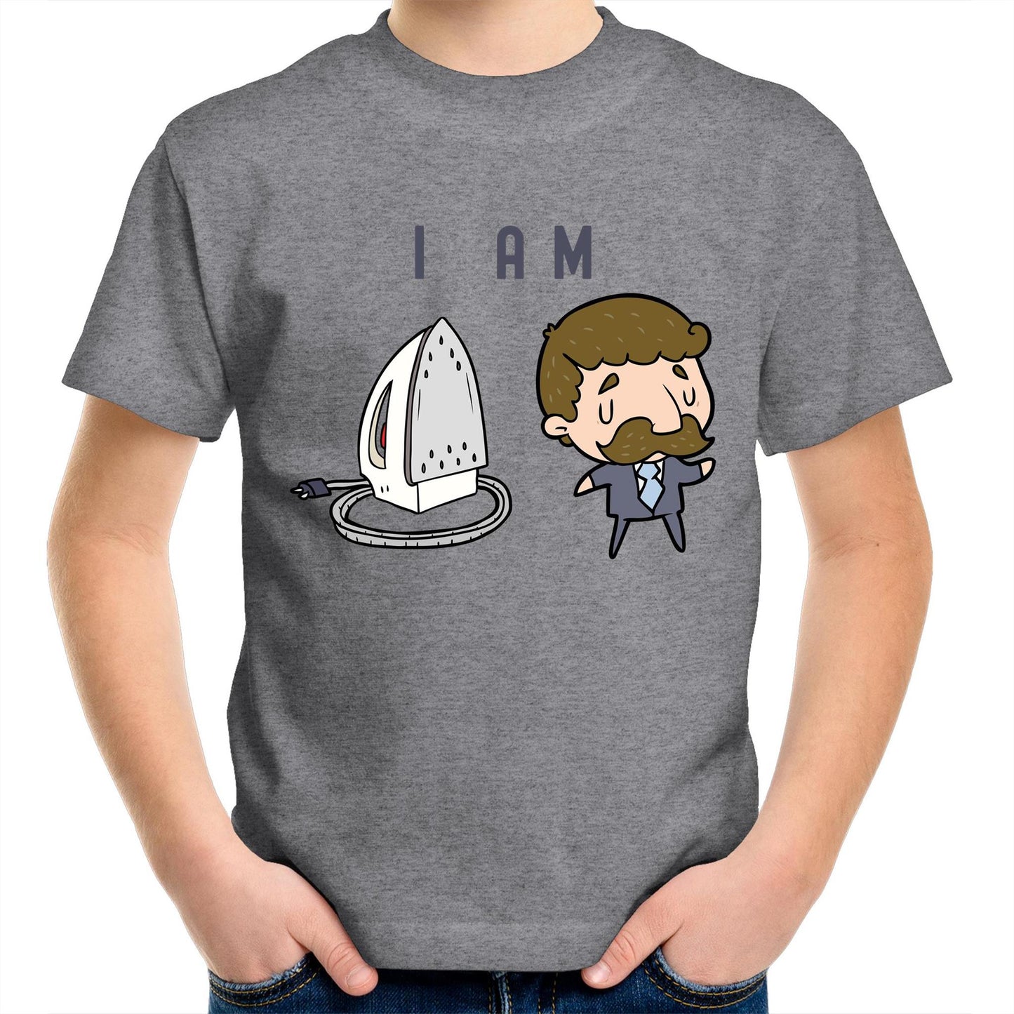 I Am Ironing Man Cartoon - Kids Youth Crew T-Shirt Grey Marle Kids Youth T-shirt comic Funny