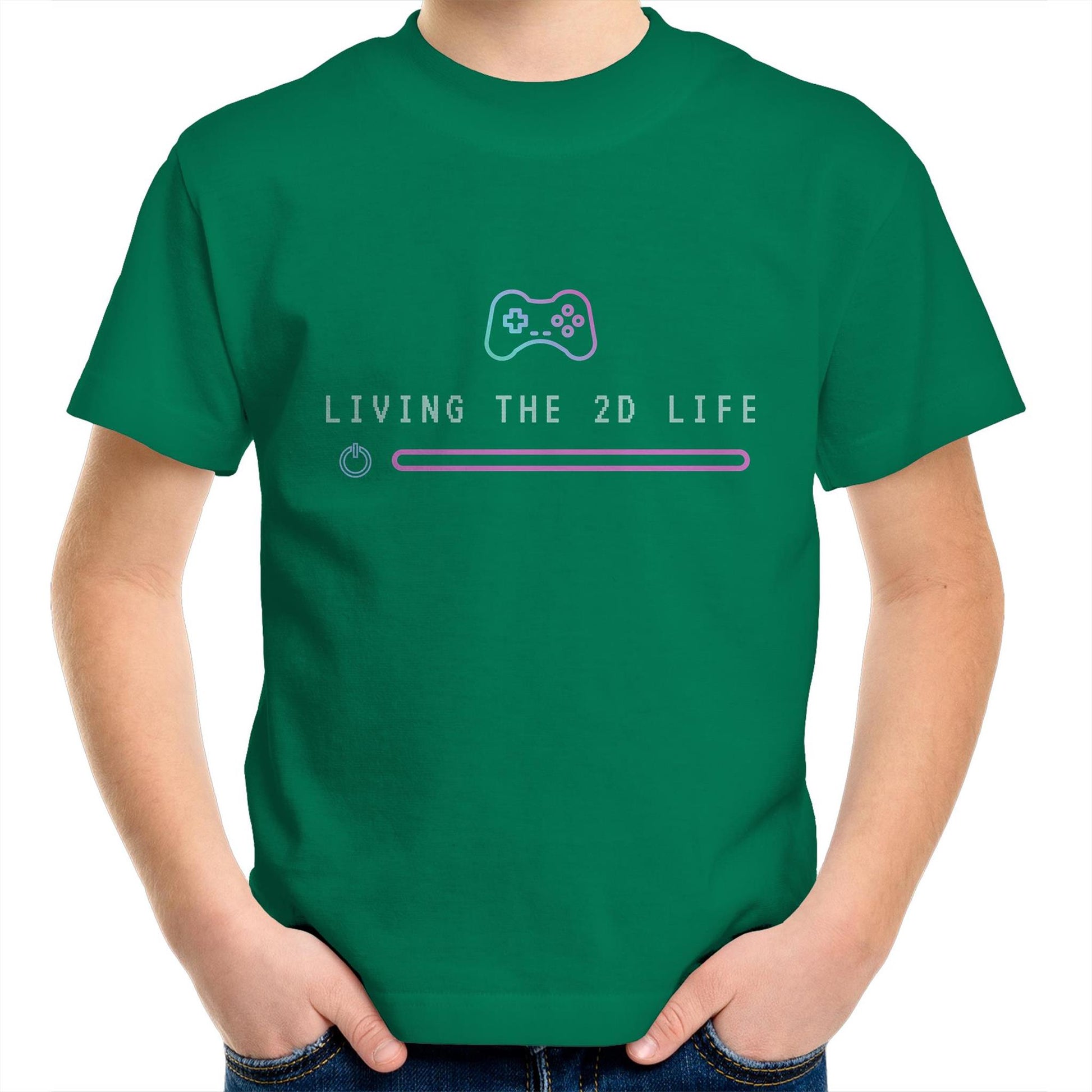 Living The 2D Life - Kids Youth Crew T-Shirt Kelly Green Kids Youth T-shirt Games Tech