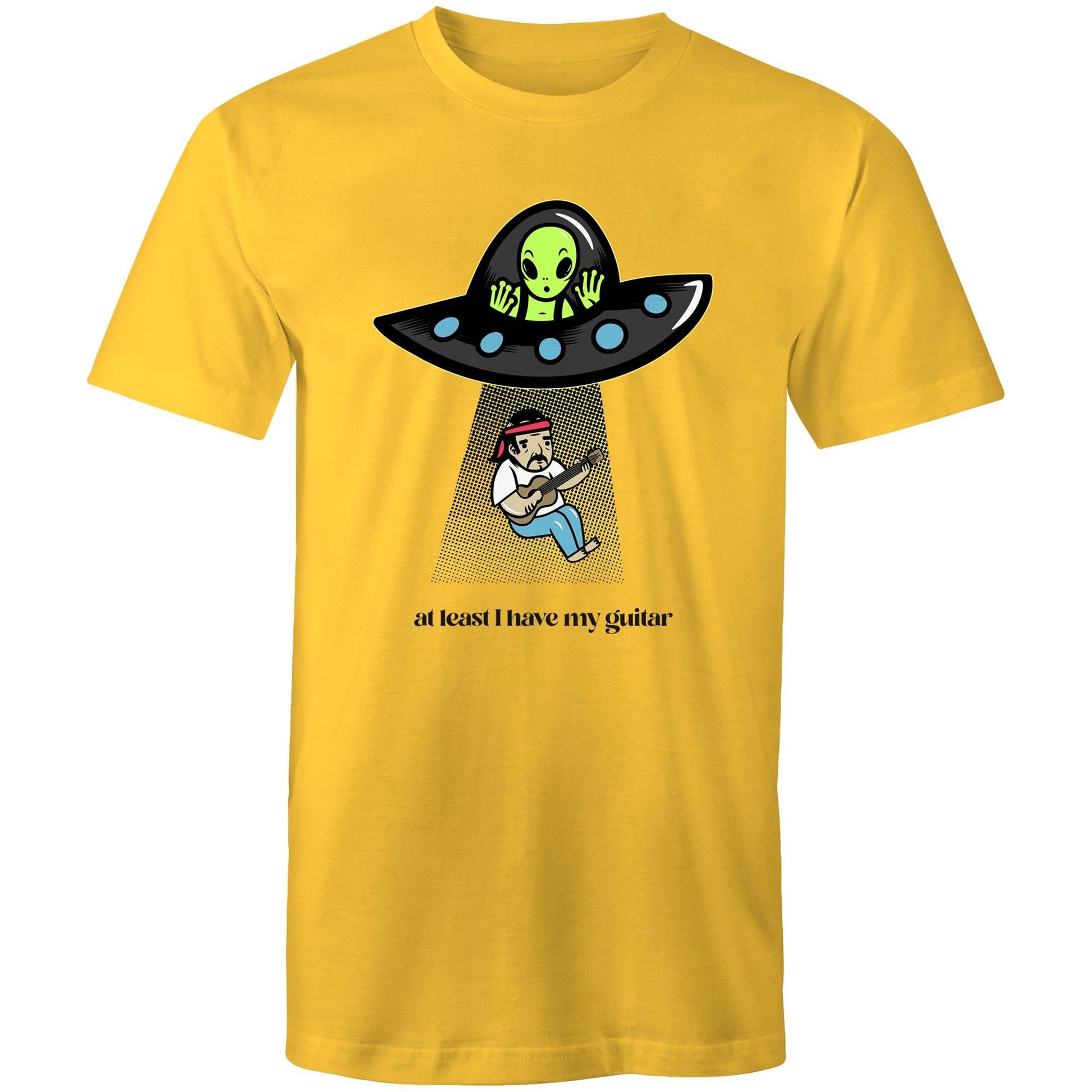 Guitarist Alien Abduction - Mens T-Shirt Yellow Mens T-shirt Music Sci Fi