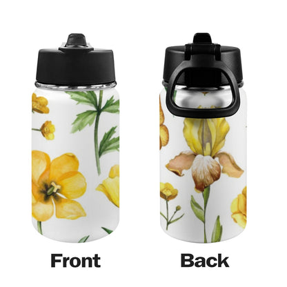 Yellow Flowers - Kids Water Bottle with Straw Lid (12 oz) Kids Water Bottle with Straw Lid