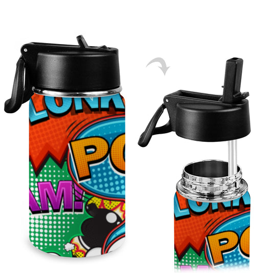 Comic Book - Kids Water Bottle with Straw Lid (12 oz) Kids Water Bottle with Straw Lid
