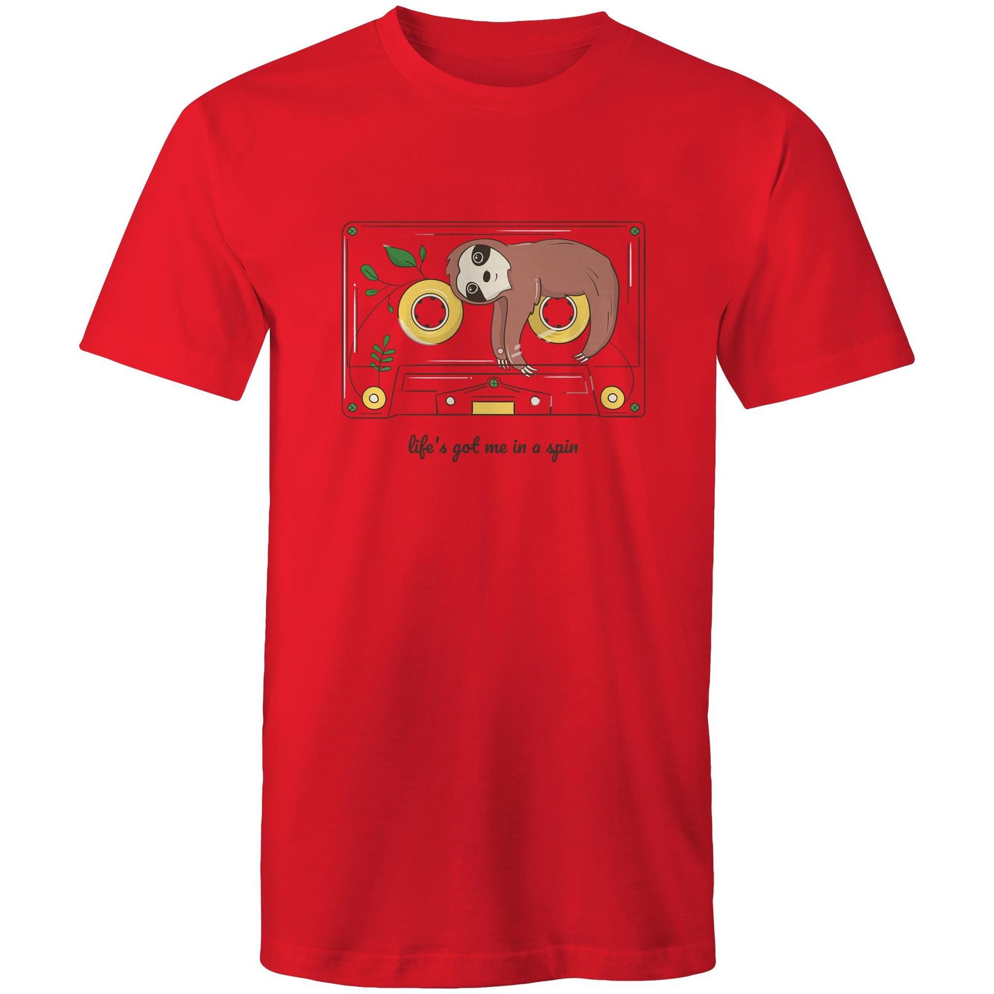 Cassette, Life's Got Me In A Spin - Mens T-Shirt Red Mens T-shirt animal Music Retro