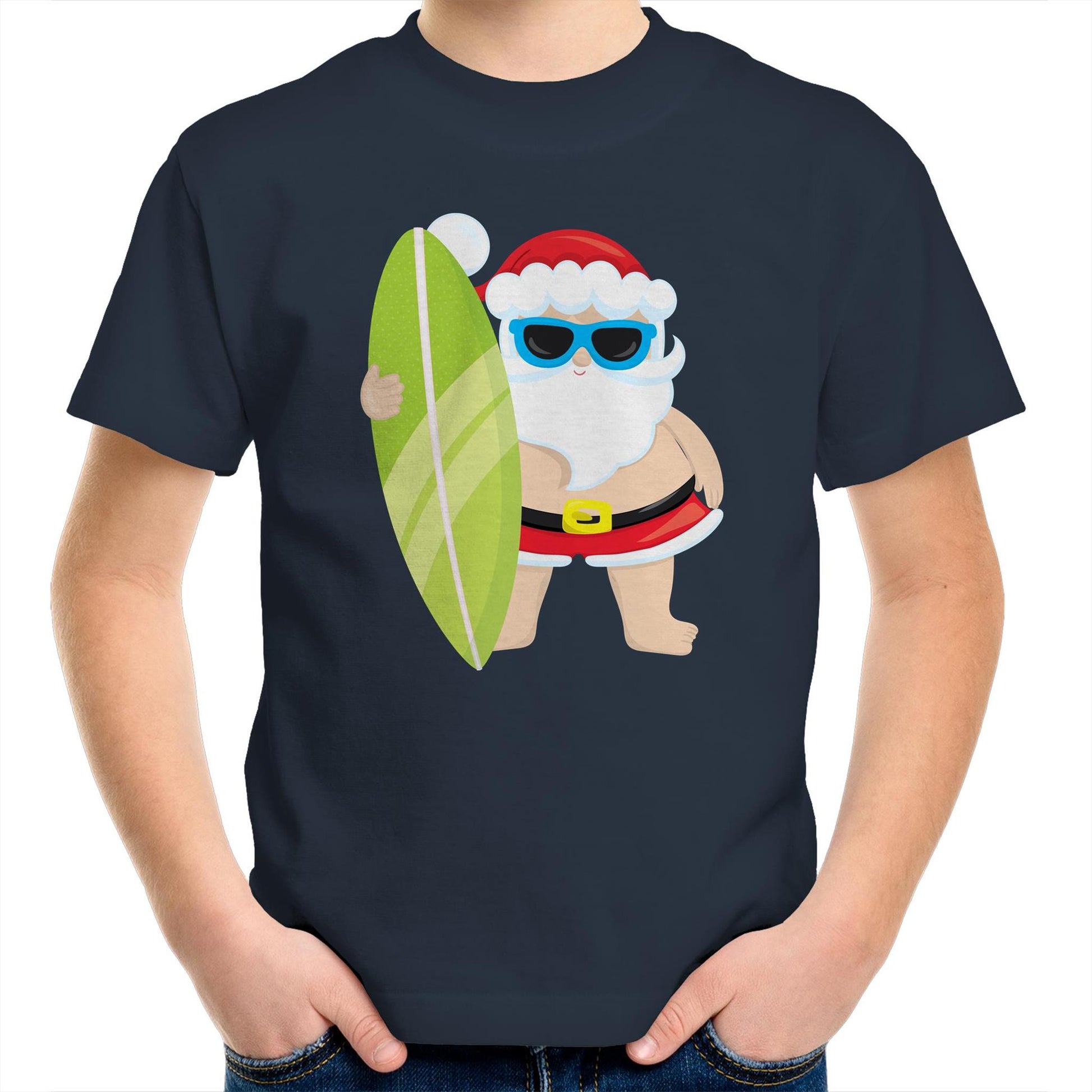 Surf Santa - Kids Youth Crew T-Shirt Navy Christmas Kids T-shirt Merry Christmas