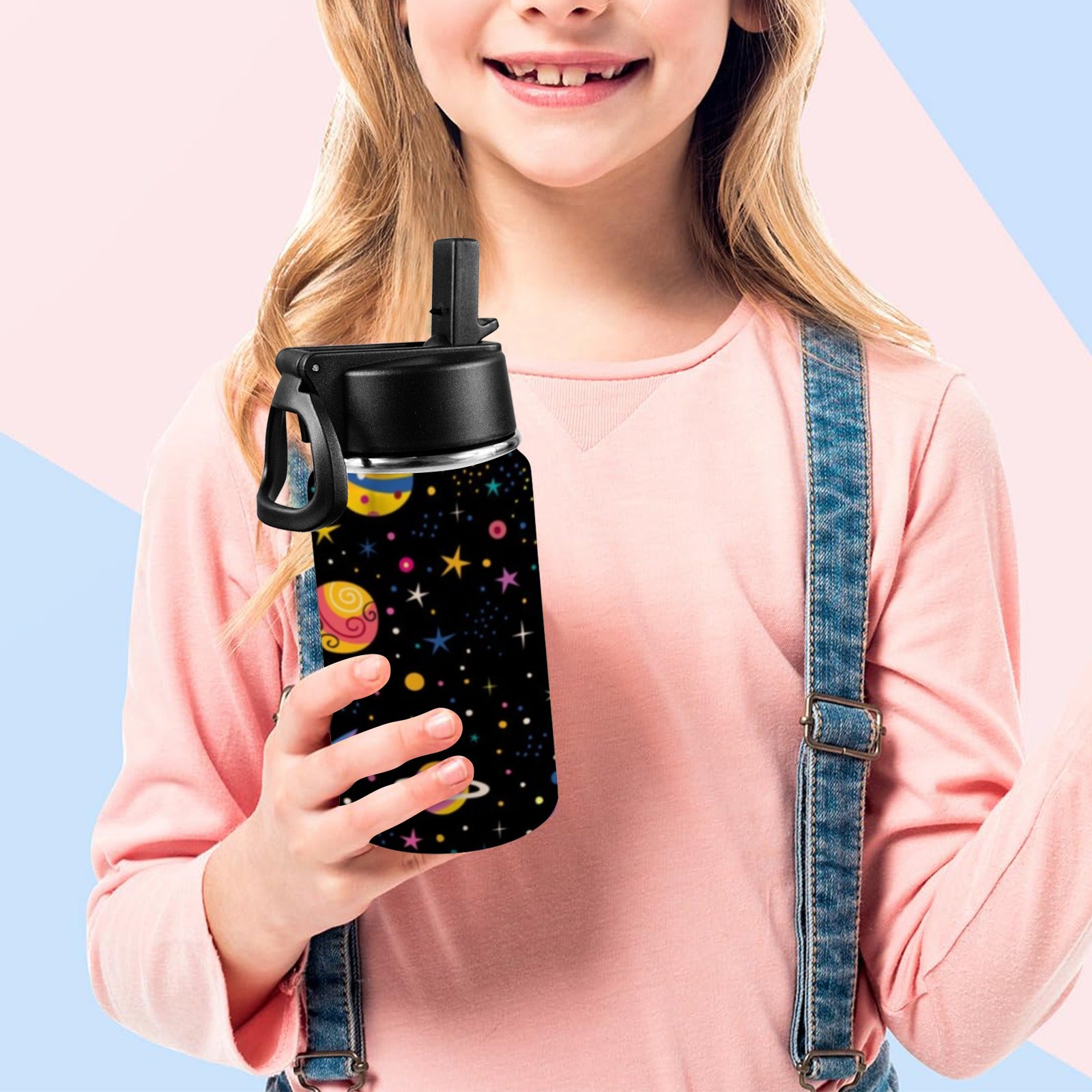 Colourful Space - Kids Water Bottle with Straw Lid (12 oz) Kids Water Bottle with Straw Lid
