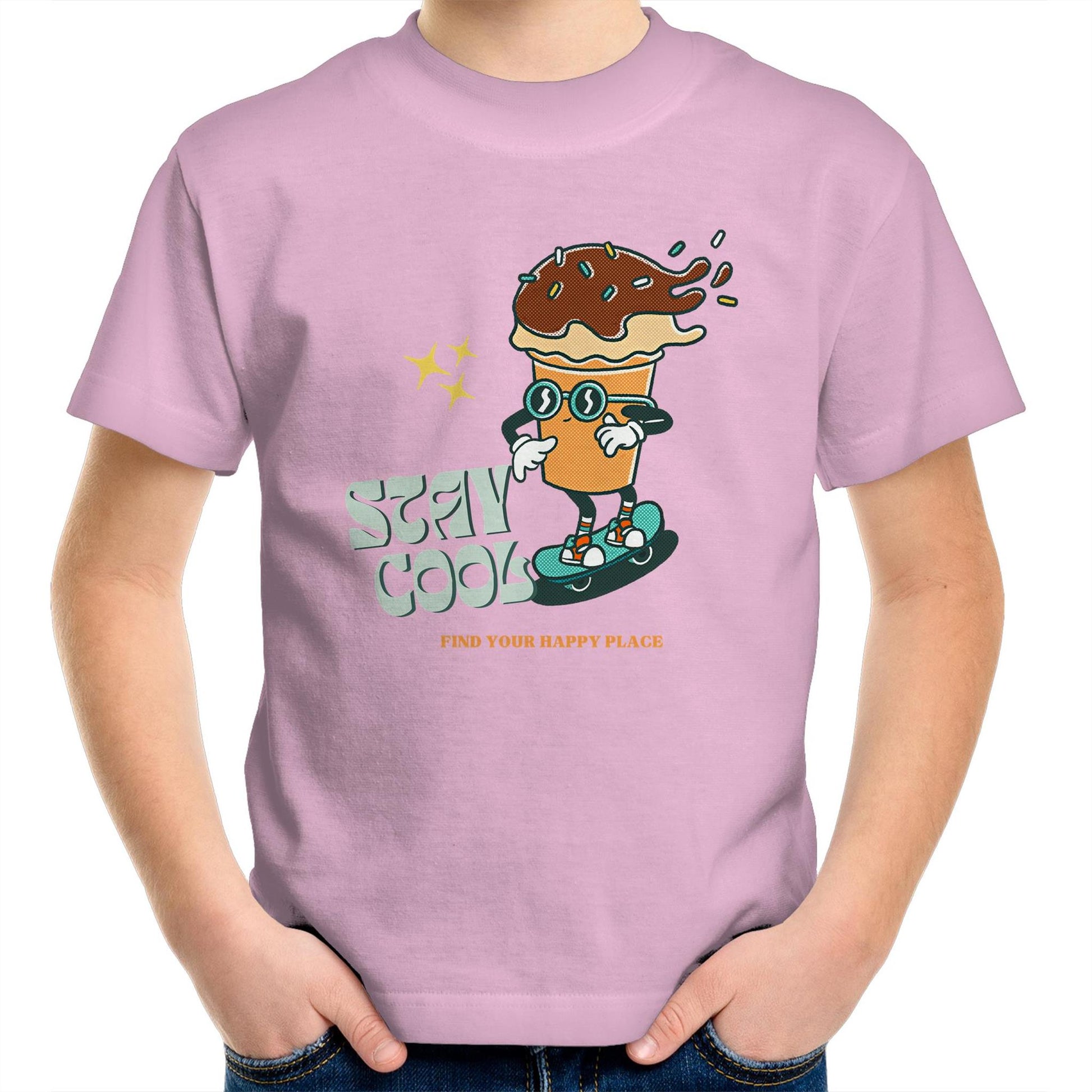 Stay Cool, Find Your Happy Place - Kids Youth Crew T-Shirt Pink Kids Youth T-shirt Retro Summer
