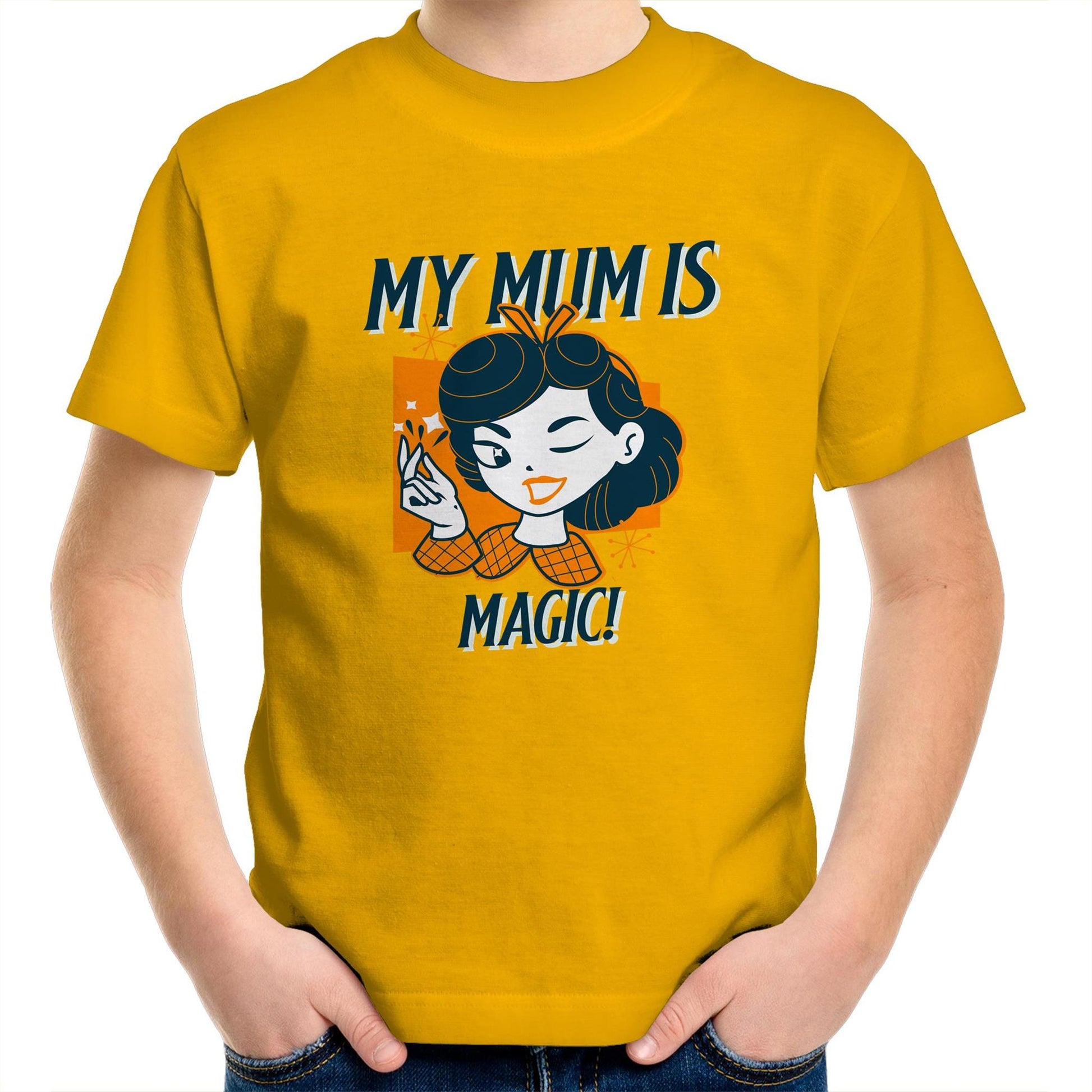 My Mum Is Magic - Kids Youth Crew T-Shirt Gold Kids Youth T-shirt Mum Retro