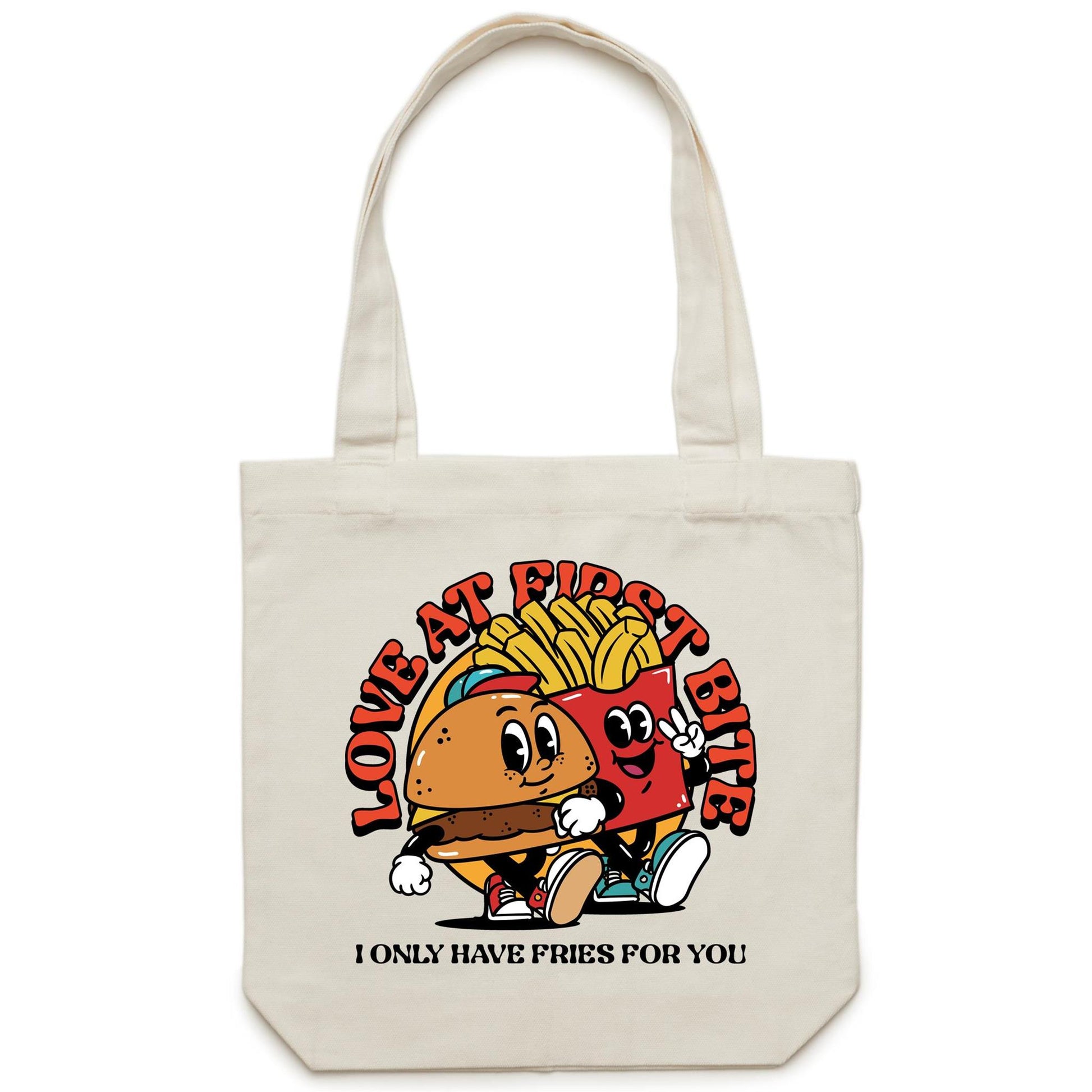 Love At First Bite, Burger And Fries - Canvas Tote Bag Default Title Tote Bag Food Retro