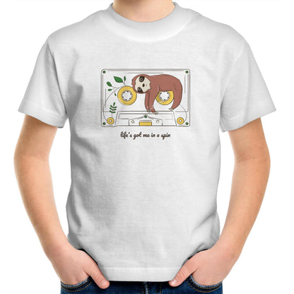Cassette, Life's Got Me In A Spin - Kids Youth Crew T-Shirt White Kids Youth T-shirt animal Music Retro