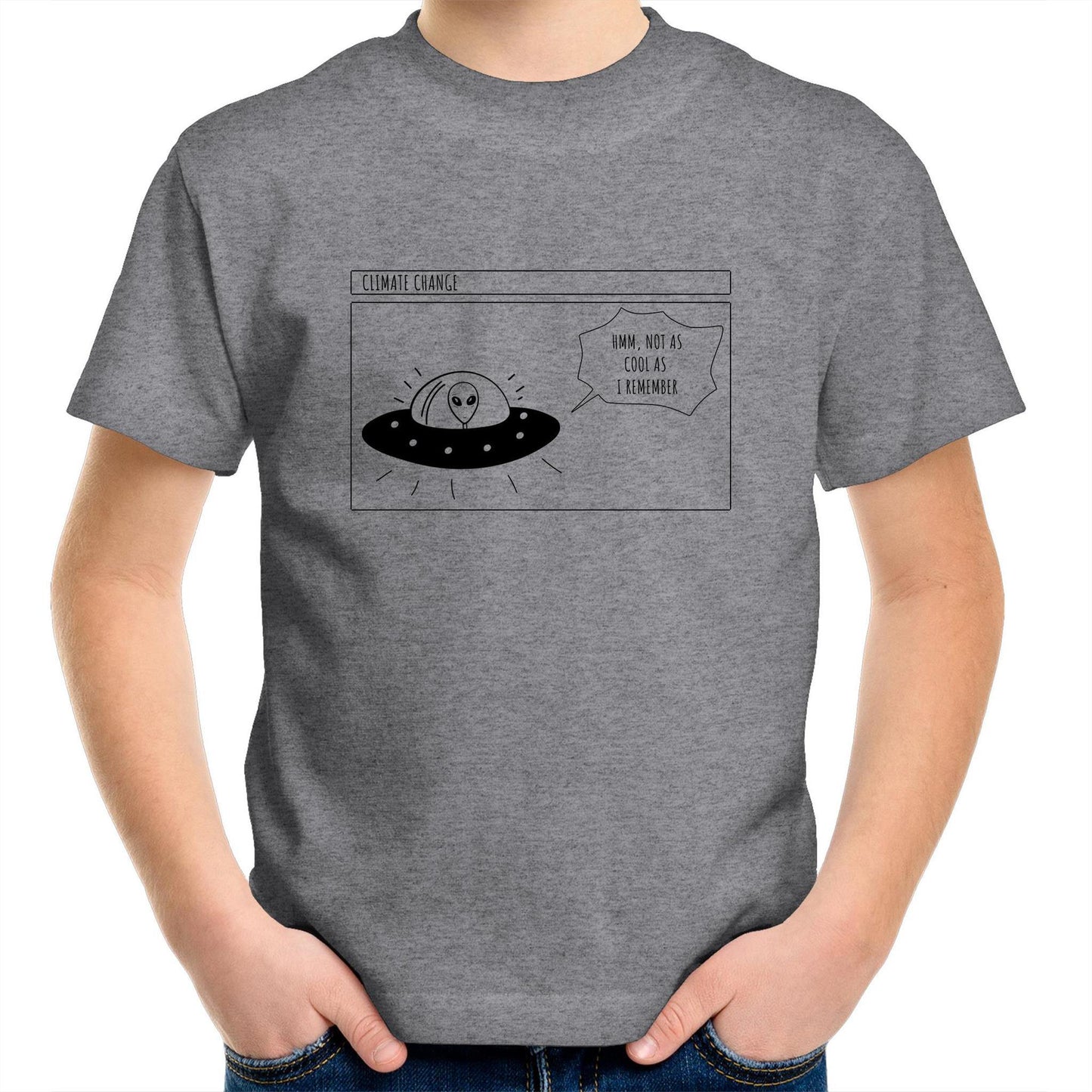 Alien Climate Change - Kids Youth Crew T-Shirt Grey Marle Kids Youth T-shirt Environment Retro Sci Fi Space
