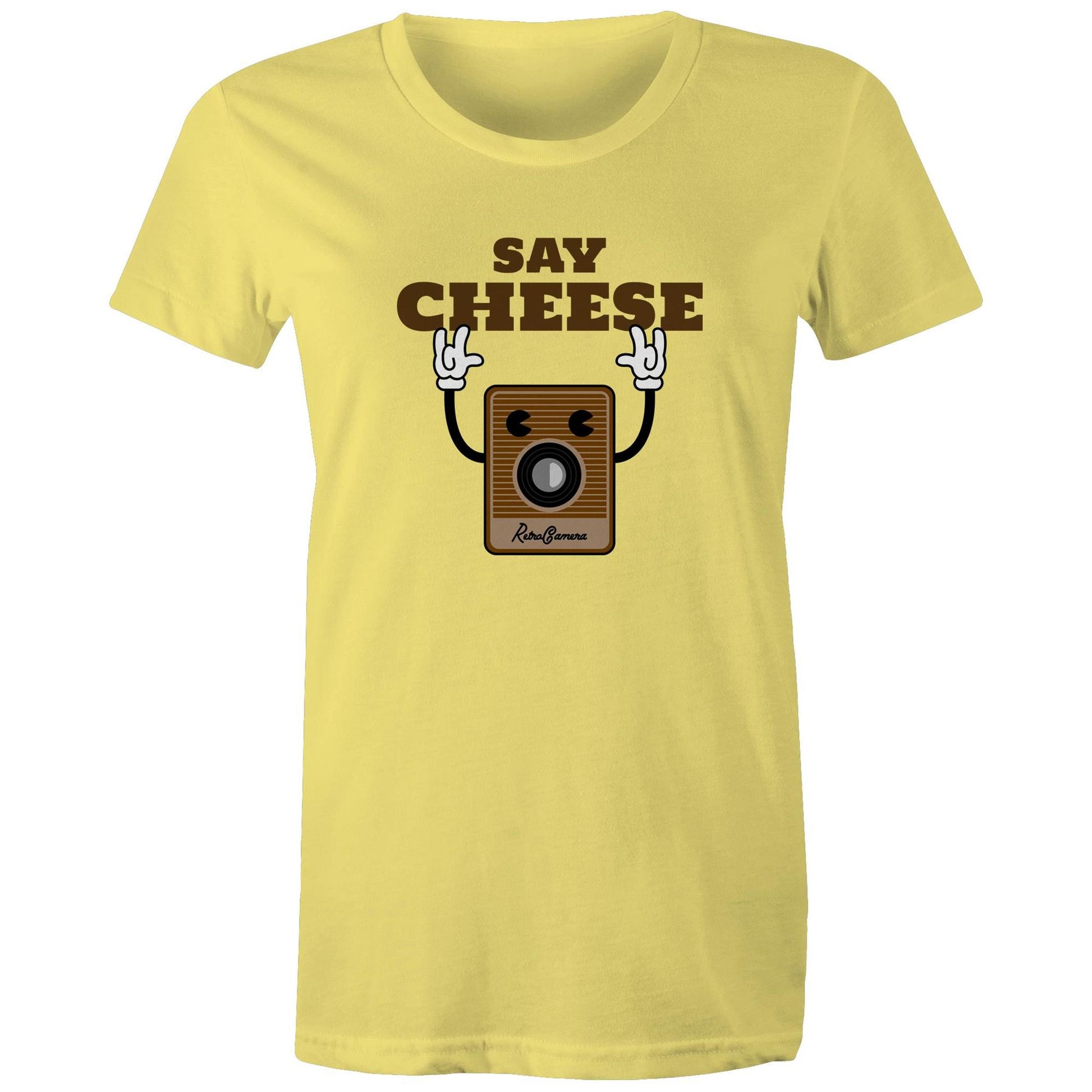 Say Cheese, Retro Camera - Womens T-shirt Yellow Womens T-shirt Retro Tech