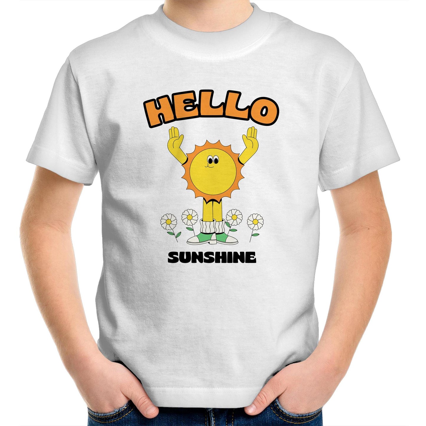 Hello Sunshine - Kids Youth Crew T-Shirt White Kids Youth T-shirt Retro Summer