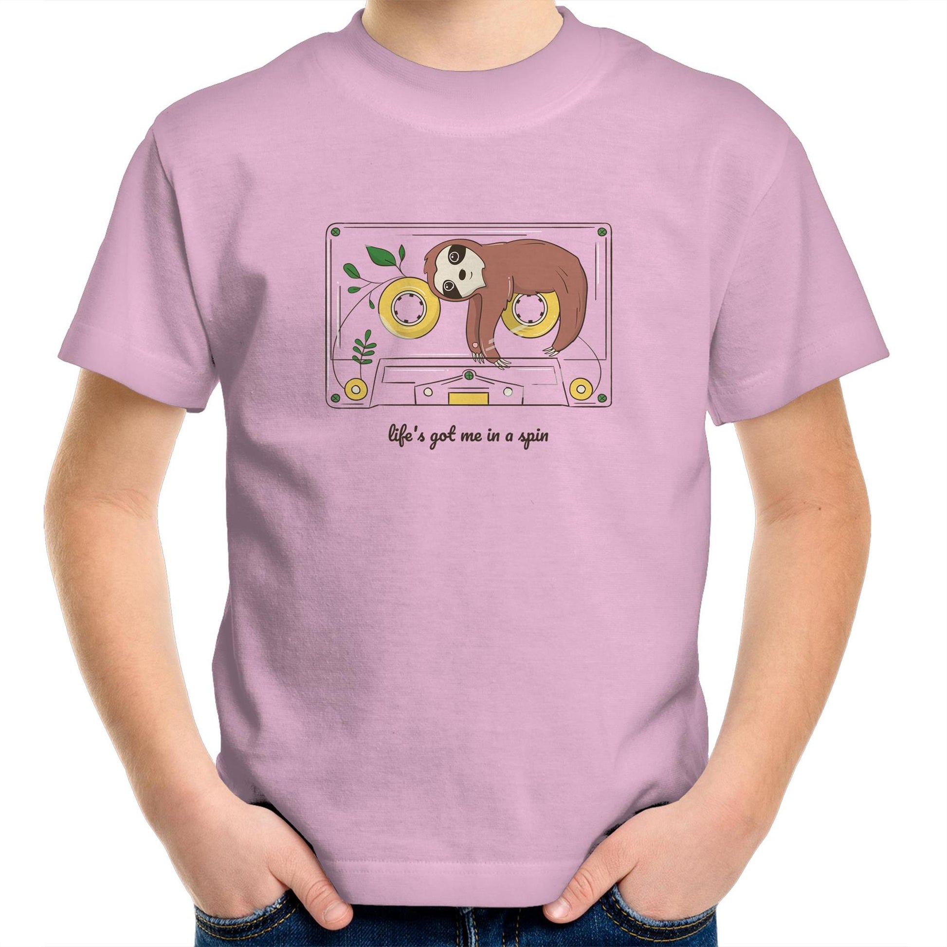 Cassette, Life's Got Me In A Spin - Kids Youth Crew T-Shirt Pink Kids Youth T-shirt animal Music Retro