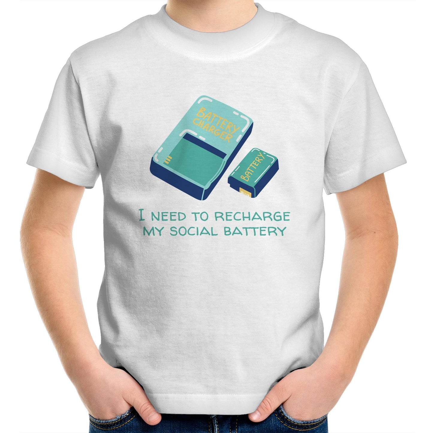 Recharge My Social Battery - Kids Youth Crew T-Shirt White Kids Youth T-shirt Funny