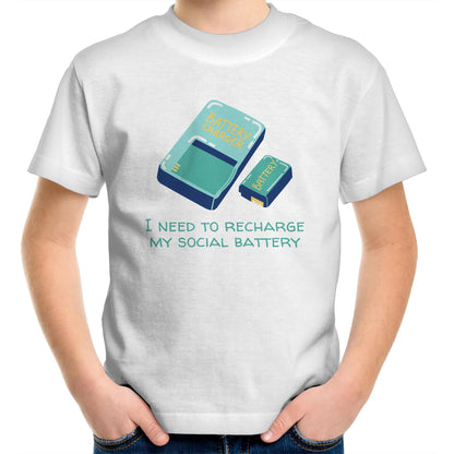 Recharge My Social Battery - Kids Youth Crew T-Shirt White Kids Youth T-shirt Funny