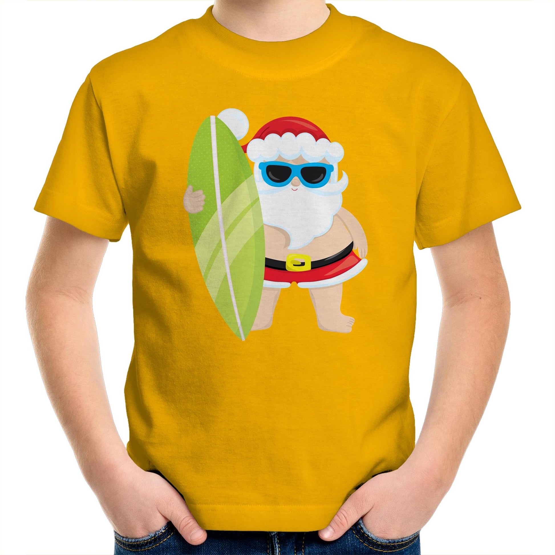 Surf Santa - Kids Youth Crew T-Shirt Gold Christmas Kids T-shirt Merry Christmas
