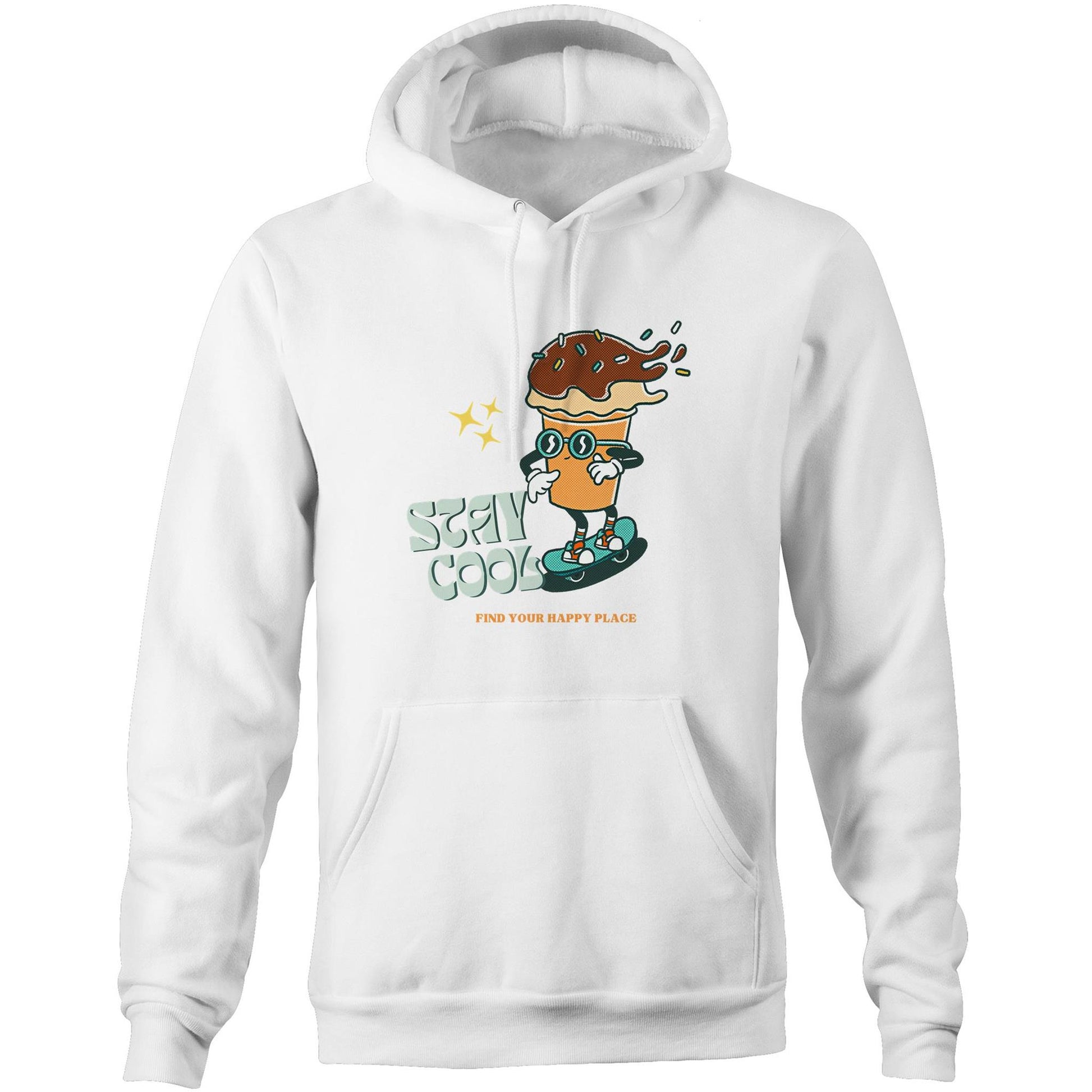 Stay Cool, Find Your Happy Place - Pocket Hoodie Sweatshirt White Hoodie Retro Summer