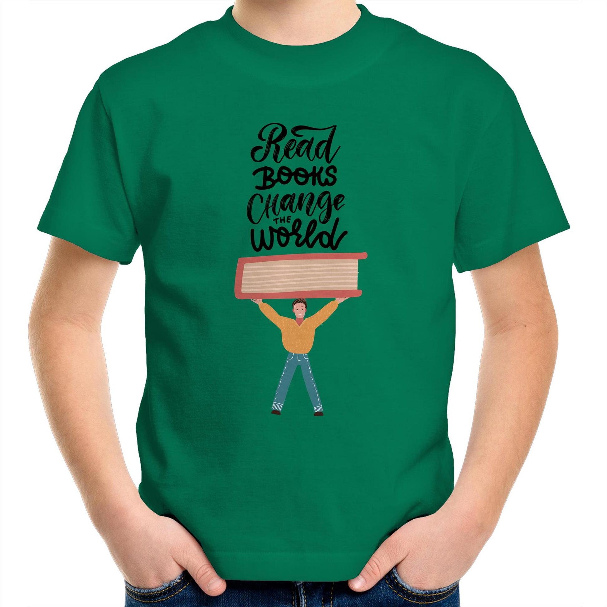 Read Books, Change The World - Kids Youth Crew T-Shirt Kelly Green Kids Youth T-shirt Reading