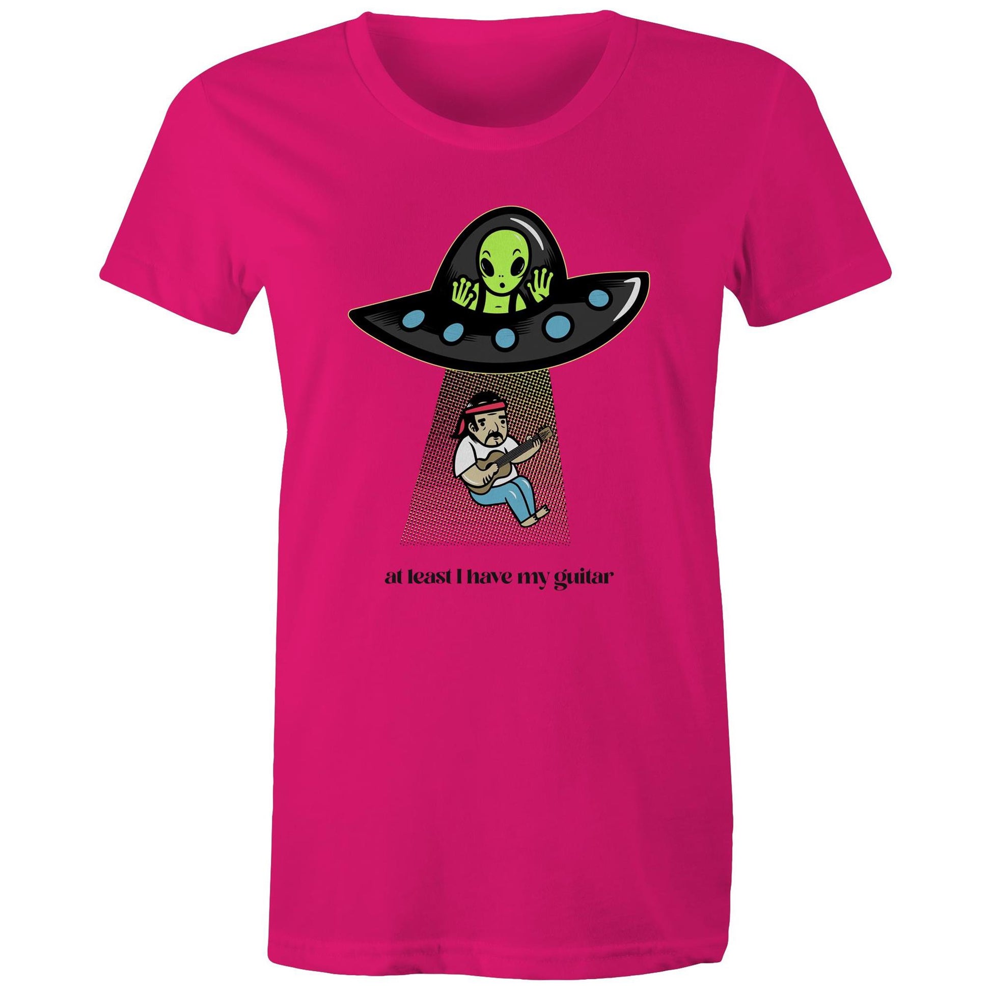 Guitarist Alien Abduction - Womens T-shirt Fuchsia Womens T-shirt Music Sci Fi
