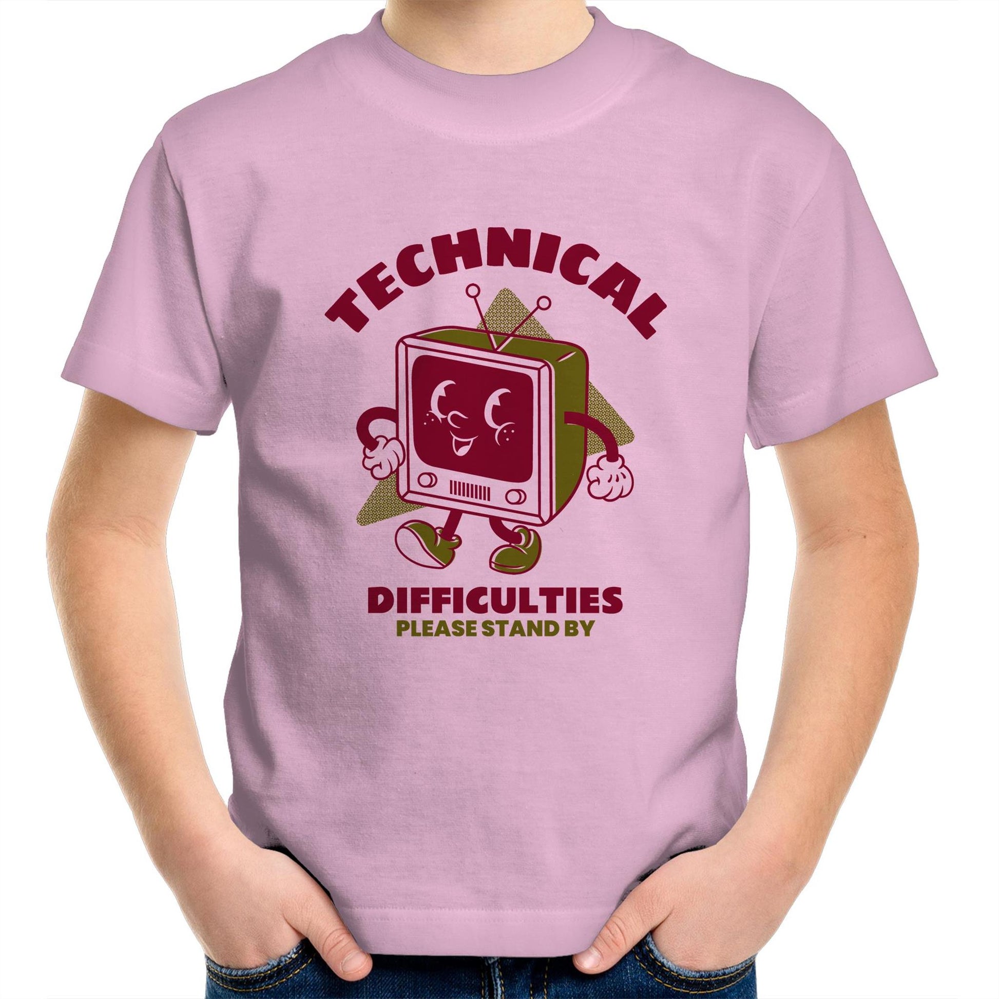 Retro TV Technical Difficulties - Kids Youth Crew T-Shirt Pink Kids Youth T-shirt Retro Tech
