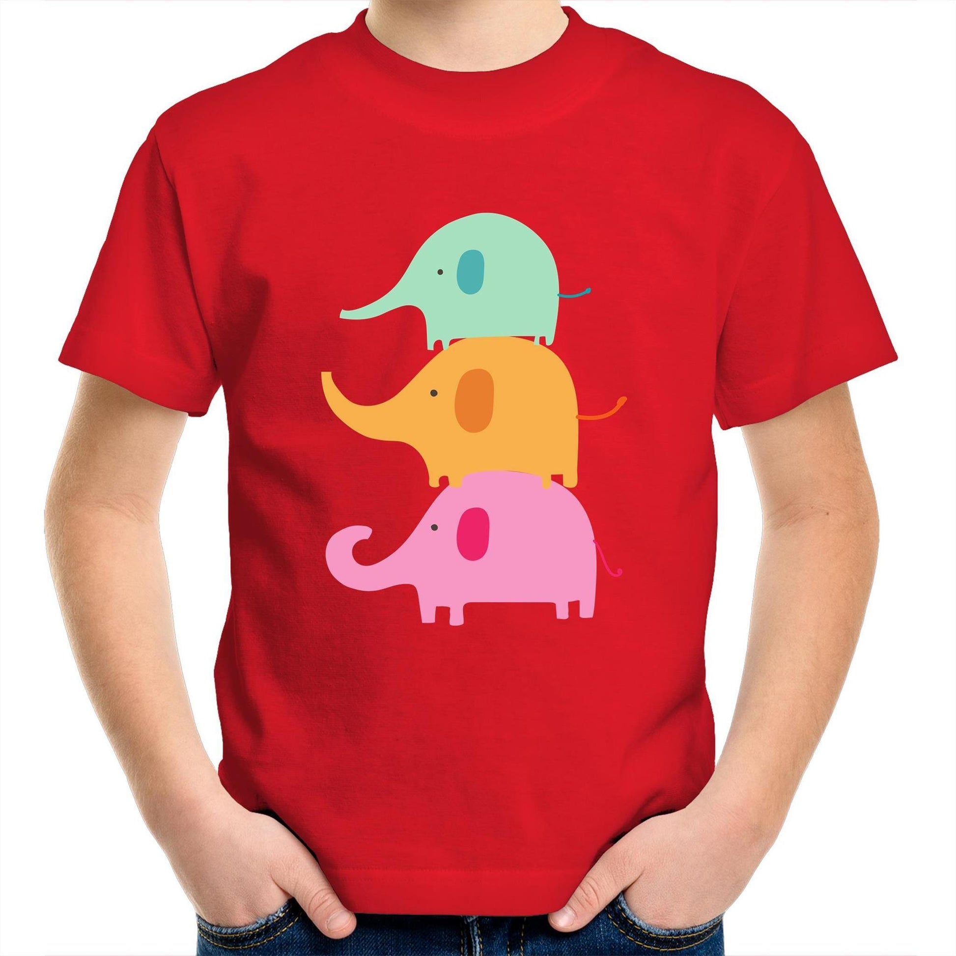 Three Cute Elephants - Kids Youth Crew T-Shirt Red Kids Youth T-shirt animal