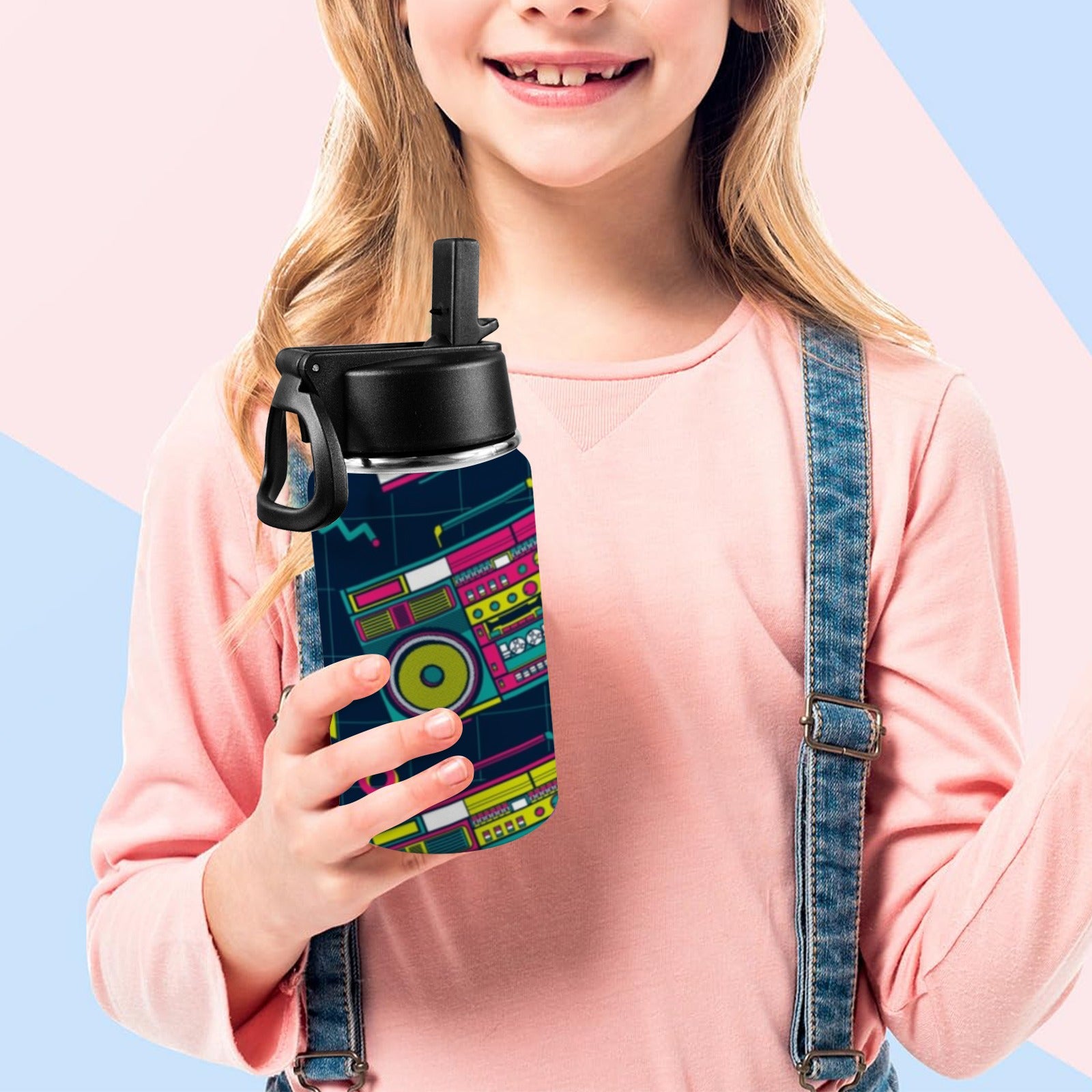 Boombox - Kids Water Bottle with Straw Lid (12 oz) Kids Water Bottle with Straw Lid Printed Offshore