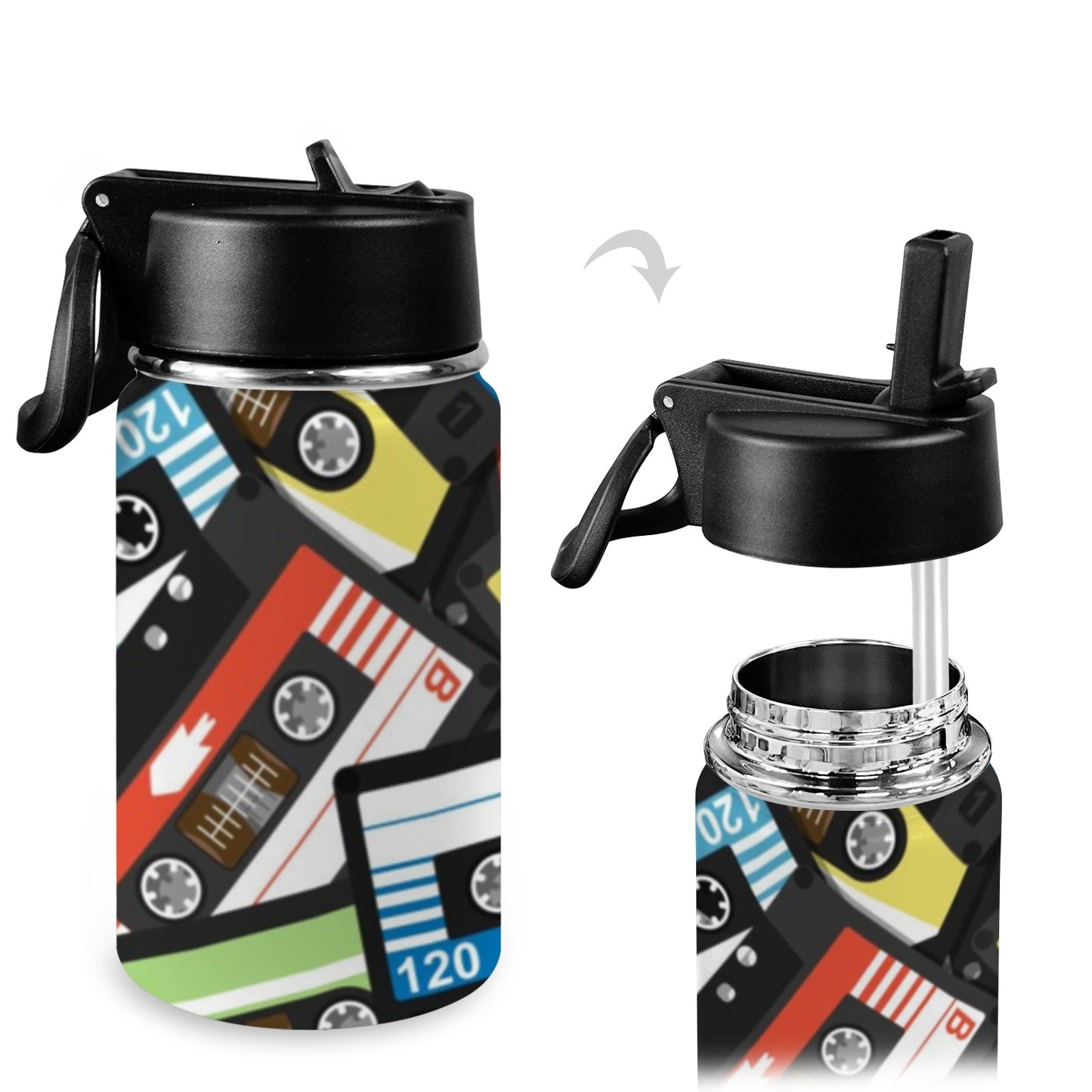 Cassette Tapes - Kids Water Bottle with Straw Lid (12 oz) Kids Water Bottle with Straw Lid