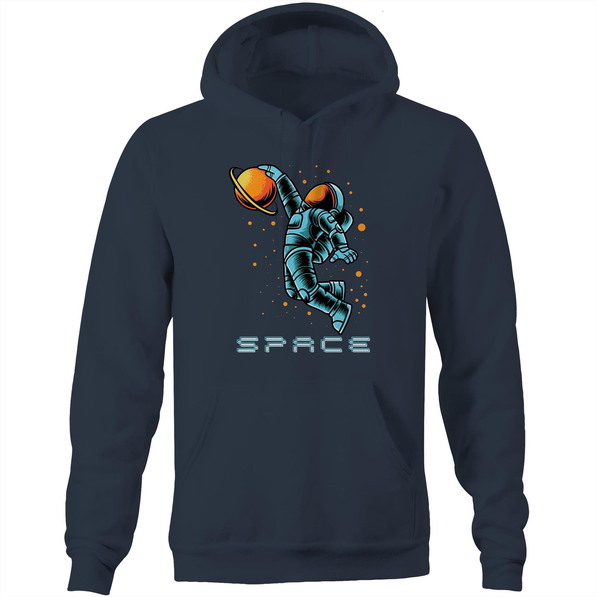Astronaut Baksetball - Pocket Hoodie Sweatshirt Navy Heavyweight Hoodie Space