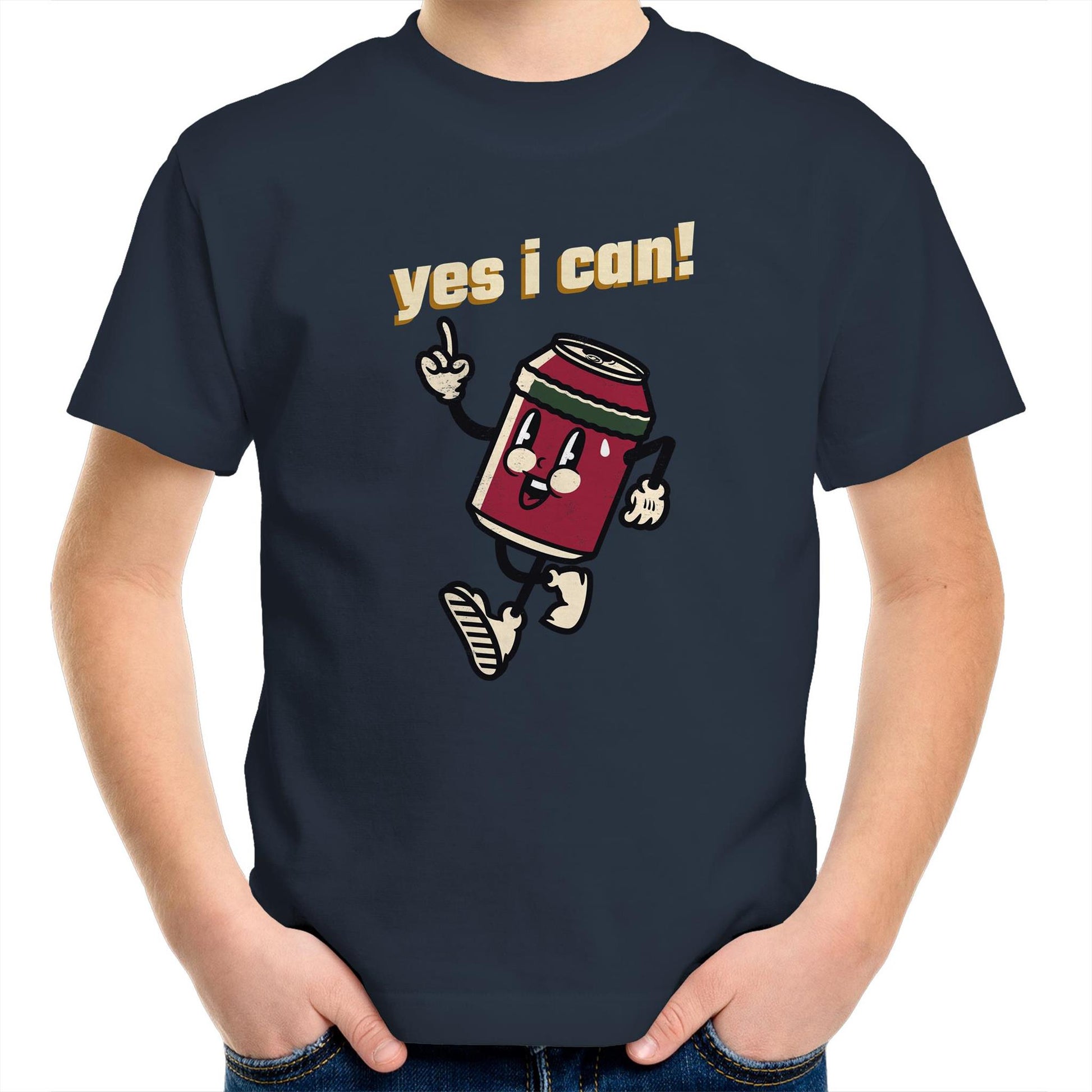 Yes I Can! - Kids Youth Crew T-Shirt Navy Kids Youth T-shirt Motivation Retro
