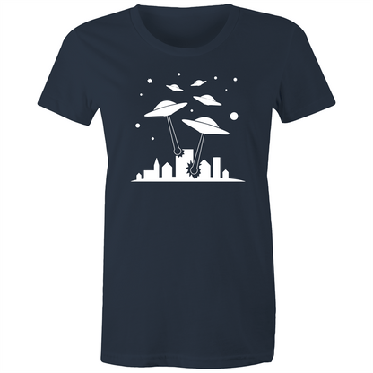 Space Invasion - Women's T-shirt Navy Womens T-shirt comic Retro Sci Fi Space Womens