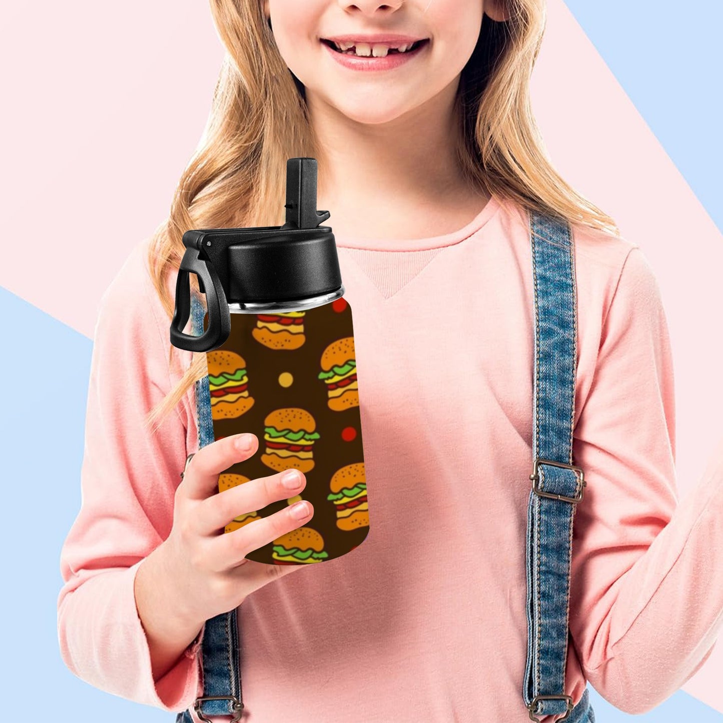 Burgers - Kids Water Bottle with Straw Lid (12 oz) Kids Water Bottle with Straw Lid