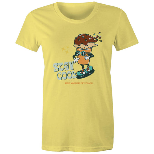 Stay Cool, Find Your Happy Place - Womens T-shirt Yellow Womens T-shirt Retro Summer