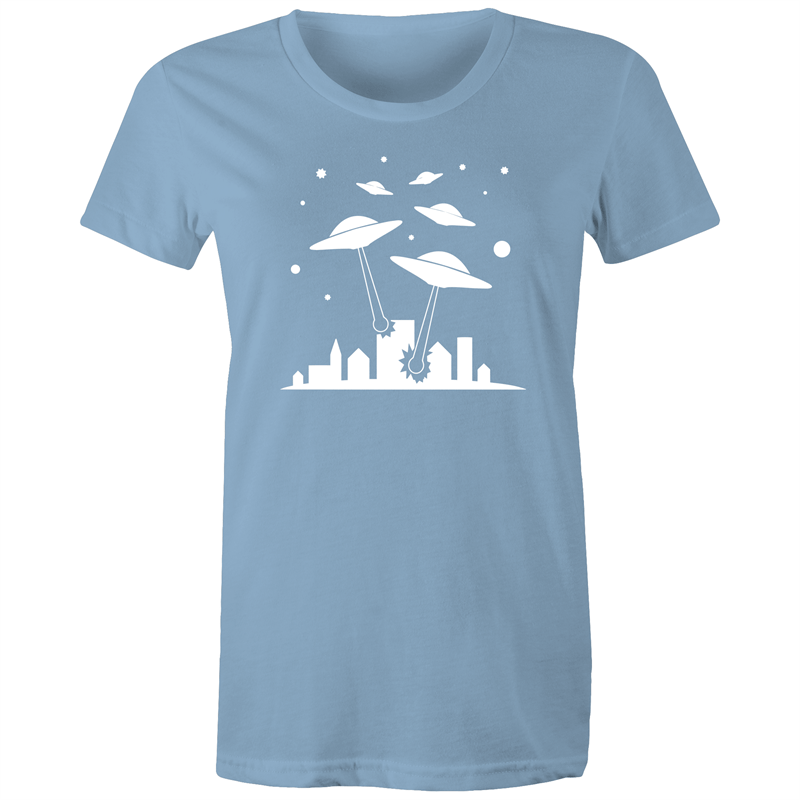 Space Invasion - Women's T-shirt Carolina Blue Womens T-shirt comic Retro Sci Fi Space Womens
