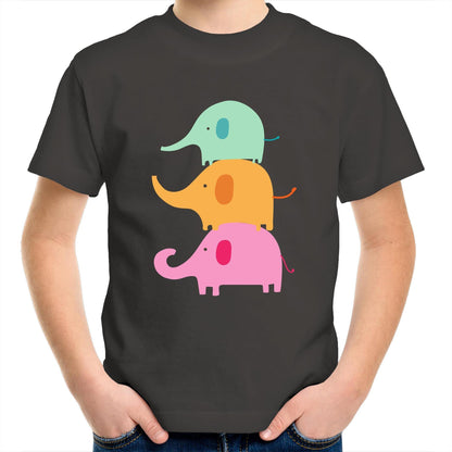 Three Cute Elephants - Kids Youth Crew T-Shirt Charcoal Kids Youth T-shirt animal