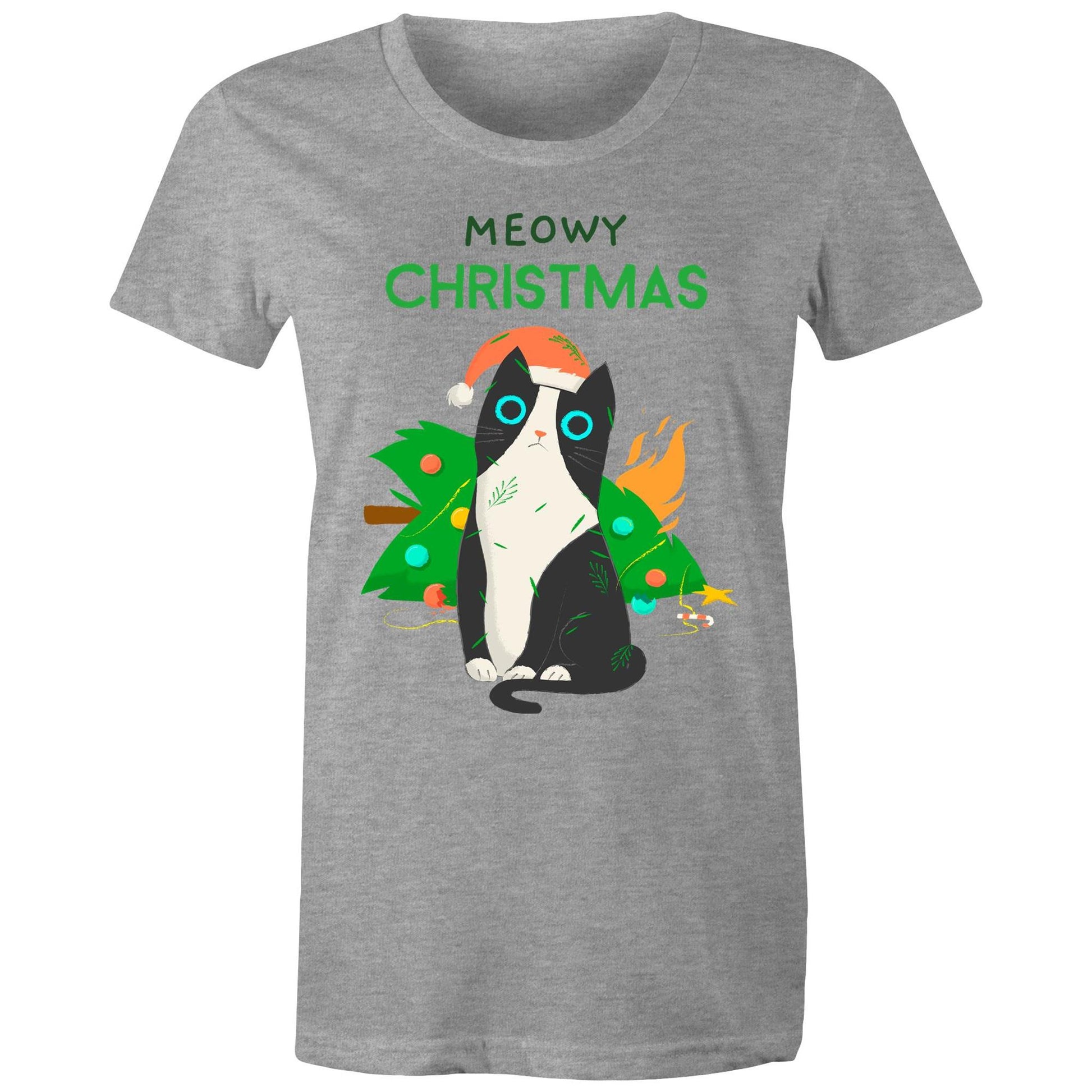 Meowy Christmas - Womens T-shirt Grey Marle Christmas Womens T-shirt Merry Christmas