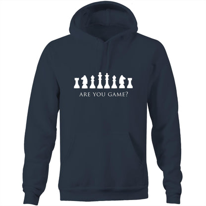 Are You Game - Pocket Hoodie Sweatshirt Navy Heavyweight Hoodie Chess Funny Games Mens Womens