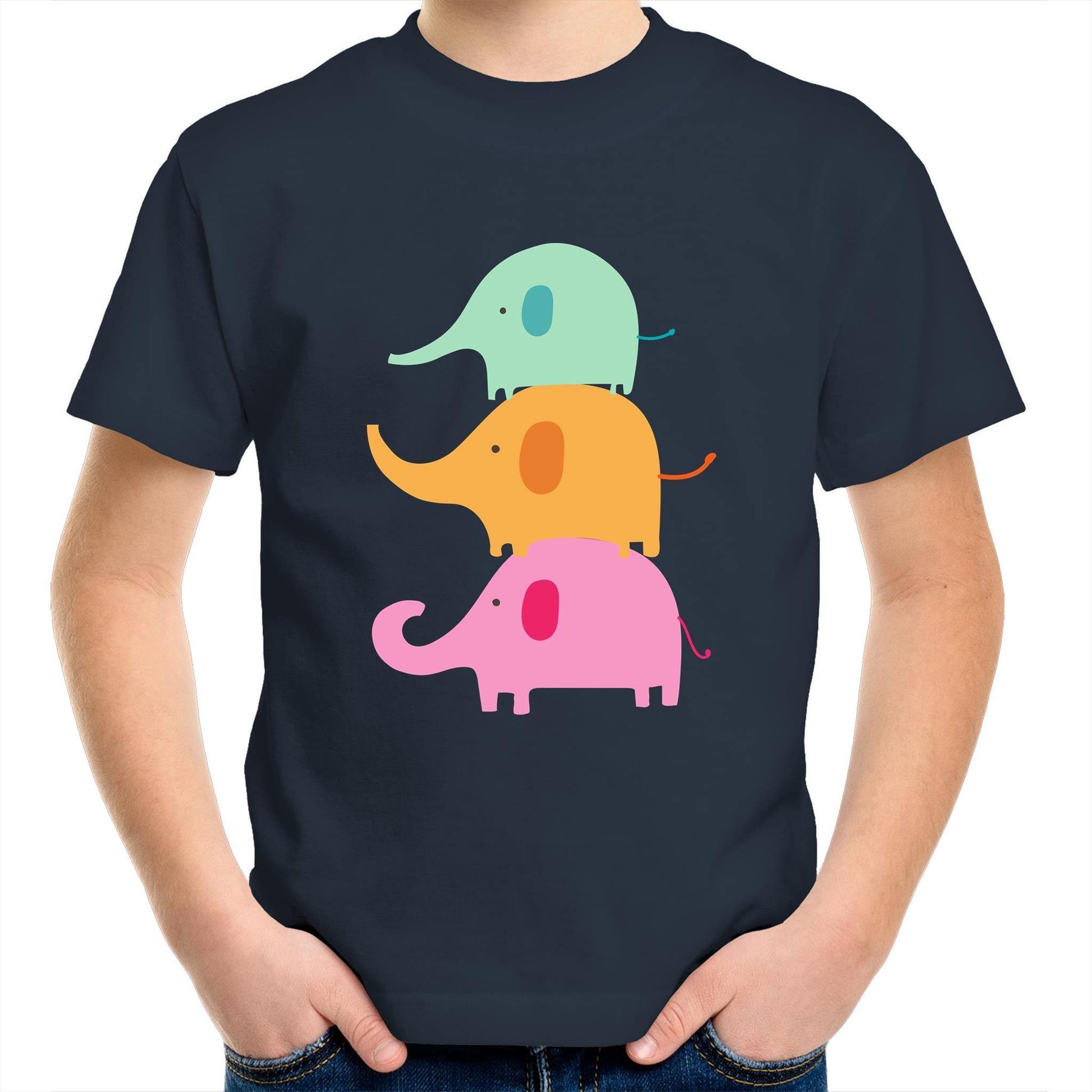 Three Cute Elephants - Kids Youth Crew T-Shirt Navy Kids Youth T-shirt animal
