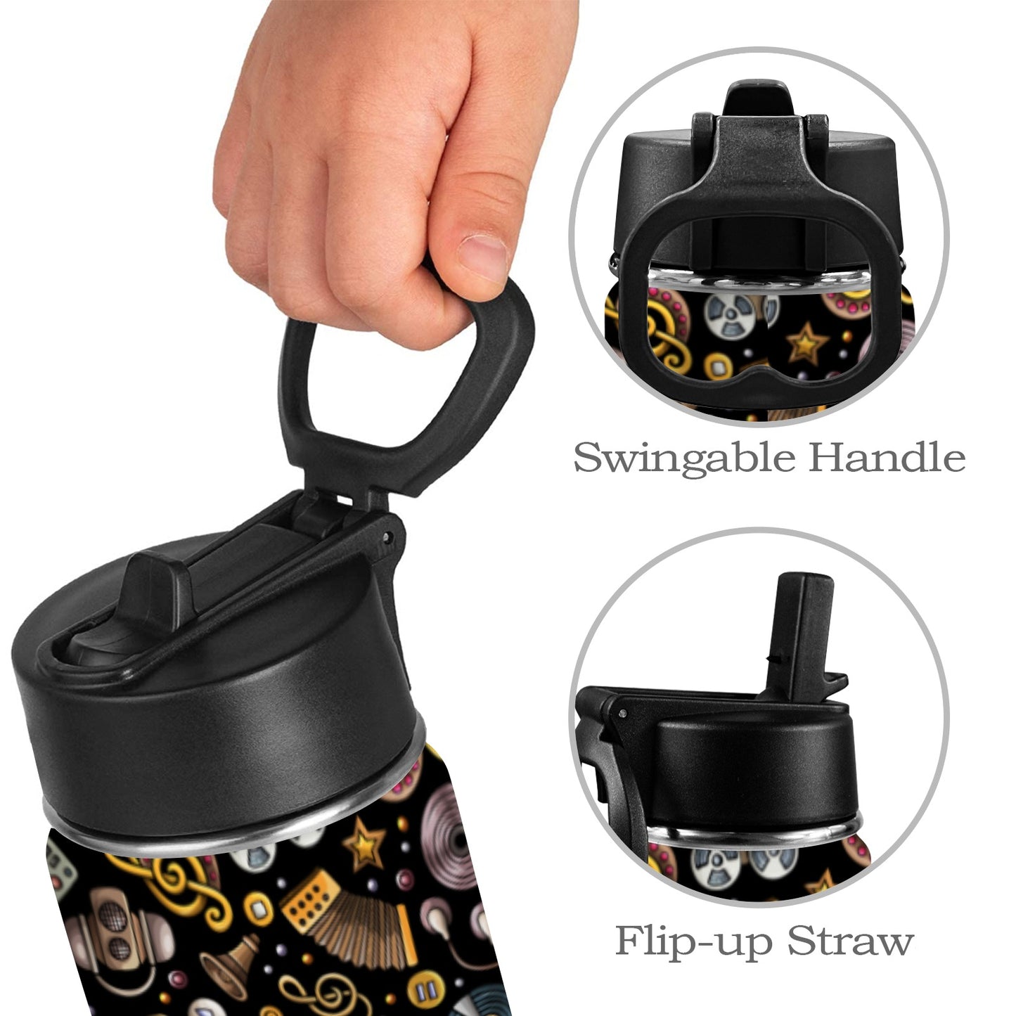 Retro Music Mix - Kids Water Bottle with Straw Lid (12 oz) Kids Water Bottle with Straw Lid Music