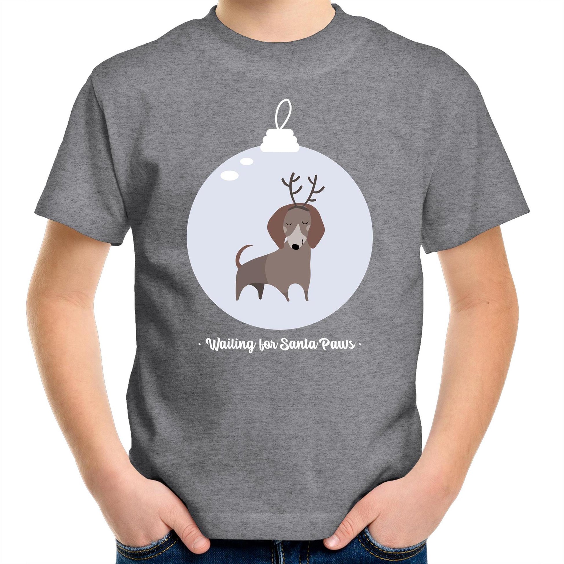 Santa Paws - Kids Youth Crew T-Shirt Grey Marle Christmas Kids T-shirt Merry Christmas
