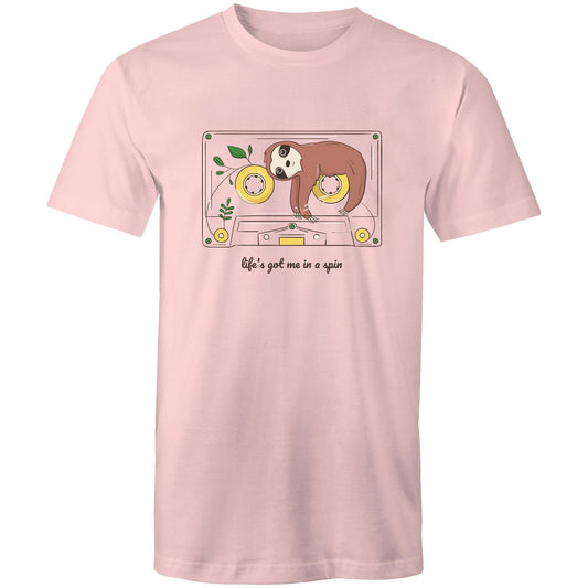 Cassette, Life's Got Me In A Spin - Mens T-Shirt Pink Mens T-shirt animal Music Retro