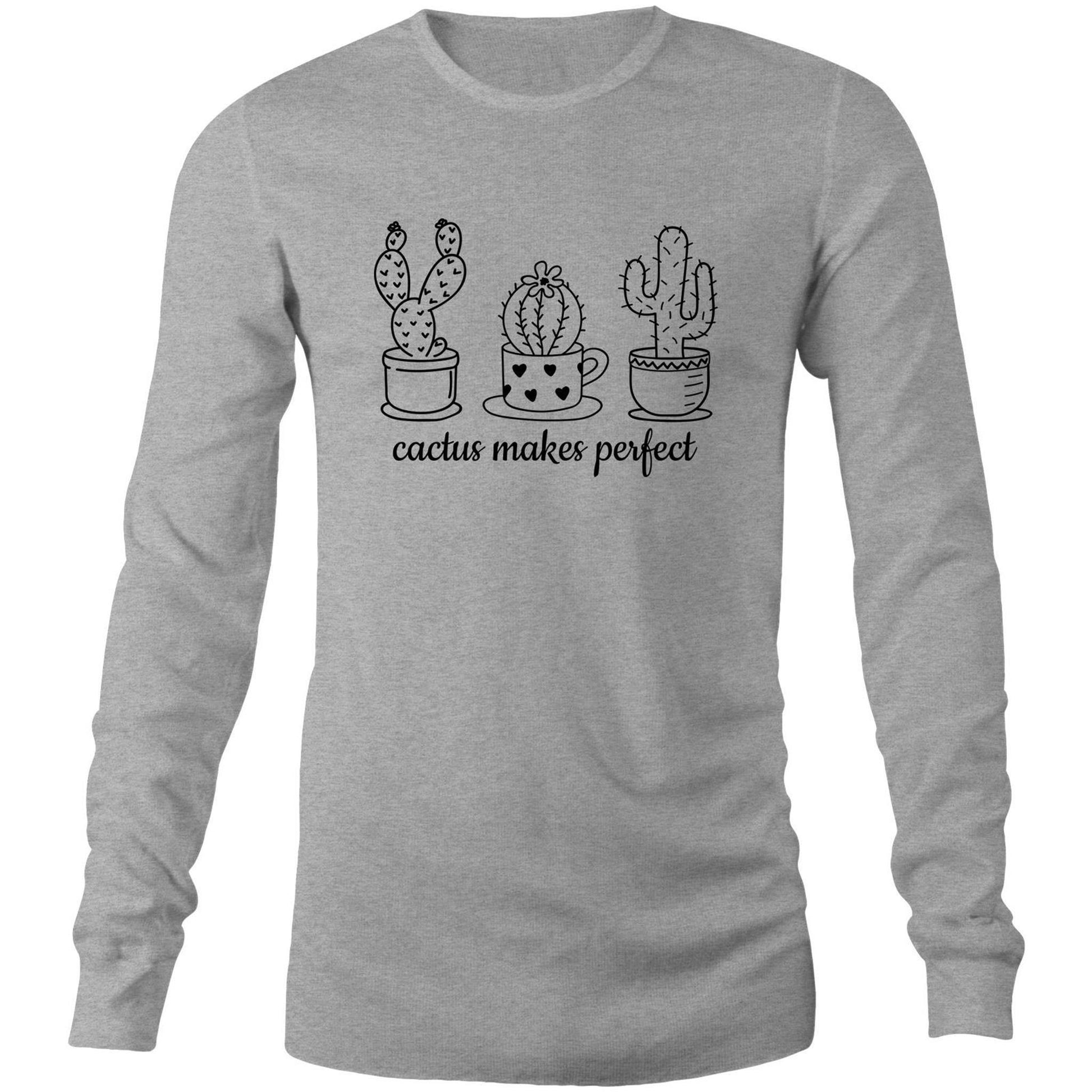 Cactus Makes Perfect - Long Sleeve T-Shirt Grey Marle Unisex Long Sleeve T-shirt Mens Plants Womens