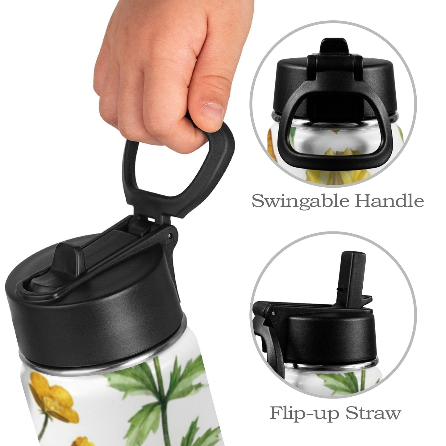 Yellow Flowers - Kids Water Bottle with Straw Lid (12 oz) Kids Water Bottle with Straw Lid