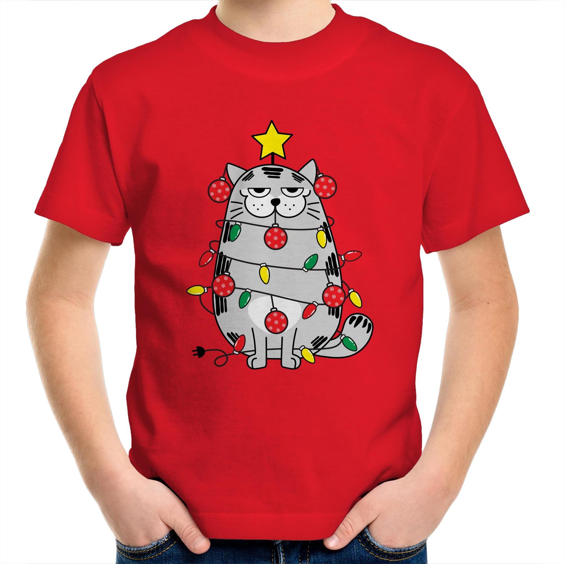 Christmas Cat - Kids Youth Crew T-Shirt Red Christmas Kids T-shirt Merry Christmas