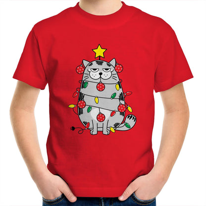 Christmas Cat - Kids Youth Crew T-Shirt Red Christmas Kids T-shirt Merry Christmas