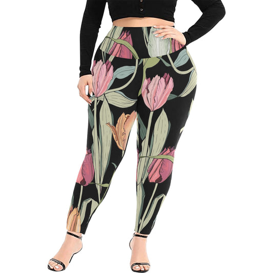 Tulips - Women's Extra Plus Size High Waist Leggings Women's Extra Plus Size High Waist Leggings Plants Printed Offshore