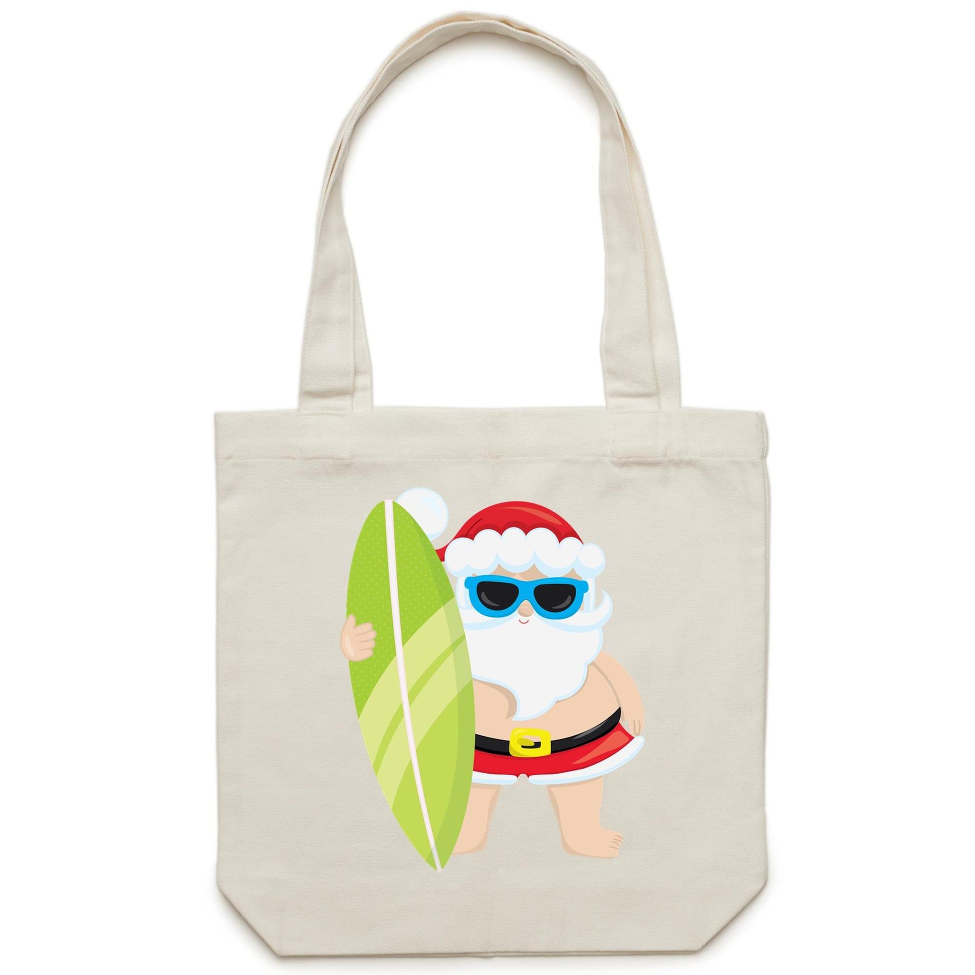 Surf Santa - Canvas Tote Bag Cream One Size Christmas Tote Bag Merry Christmas