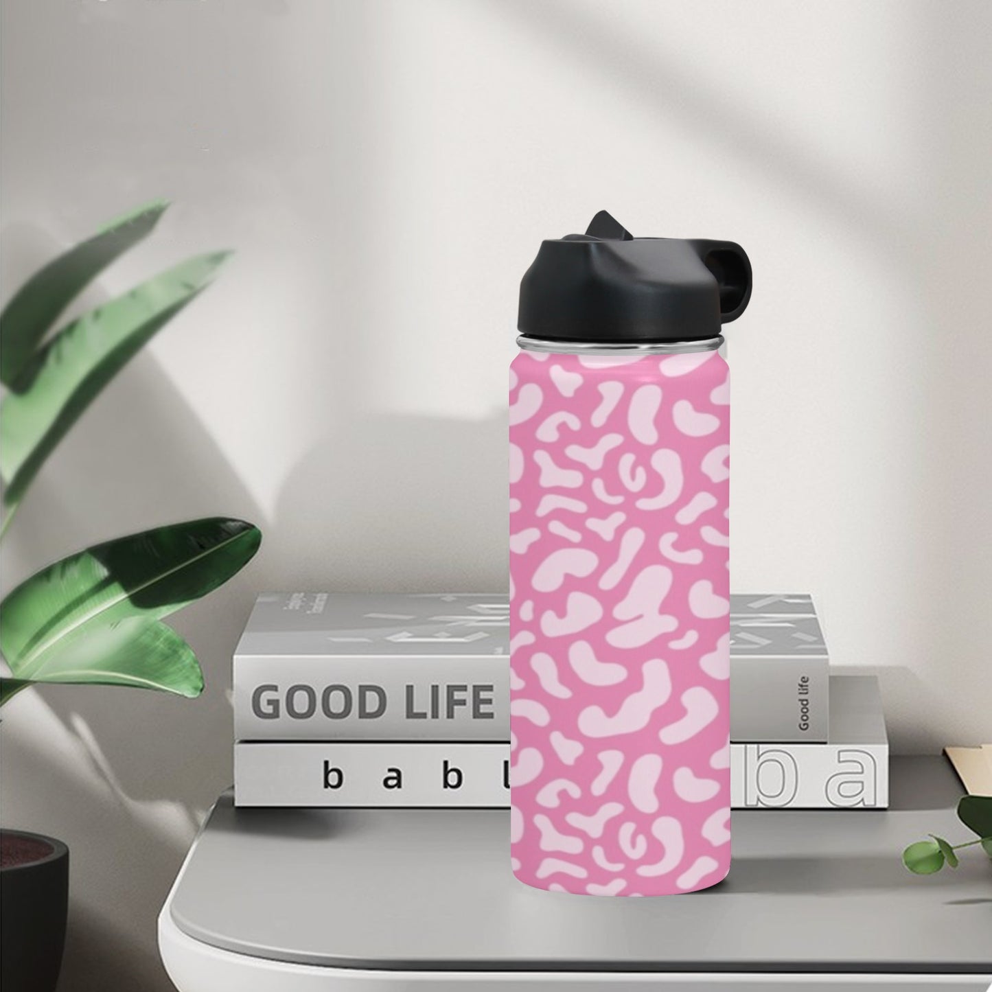 Pink Leopard - Insulated Water Bottle with Straw Lid (18 oz) Insulated Water Bottle with Straw Lid Printed Offshore